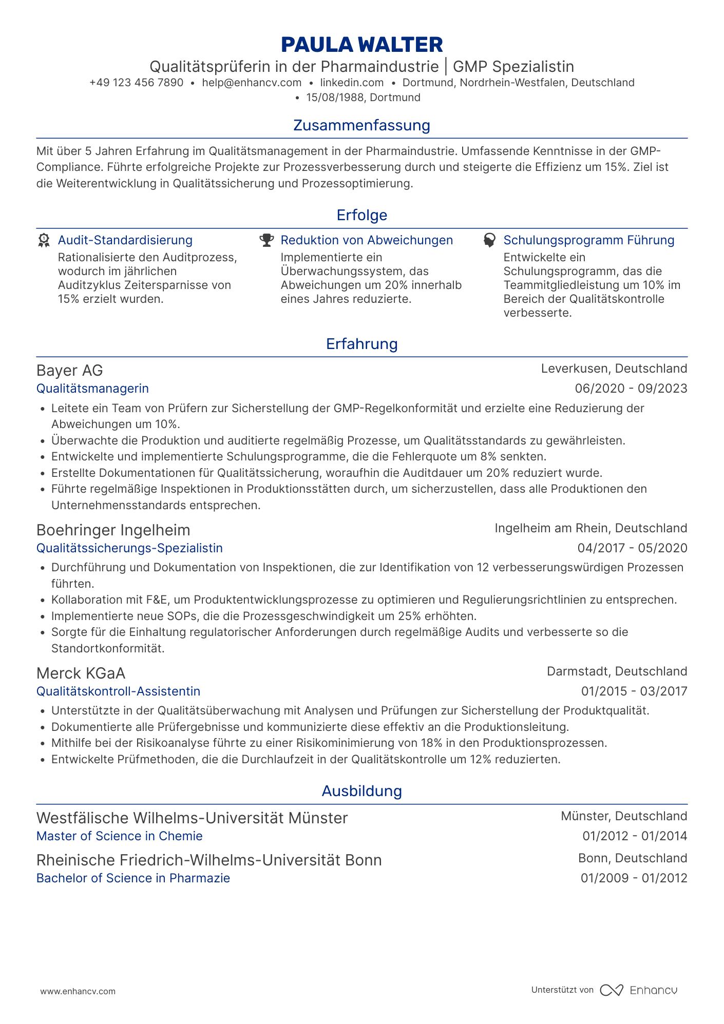 Lebenslauf in Prüfer in der Pharmaindustrie Resume Example