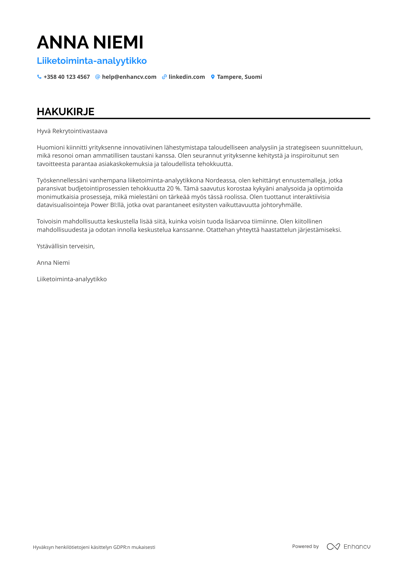 Hakukirje Liiketoiminta analyytikko – Rahoitus Resume Example