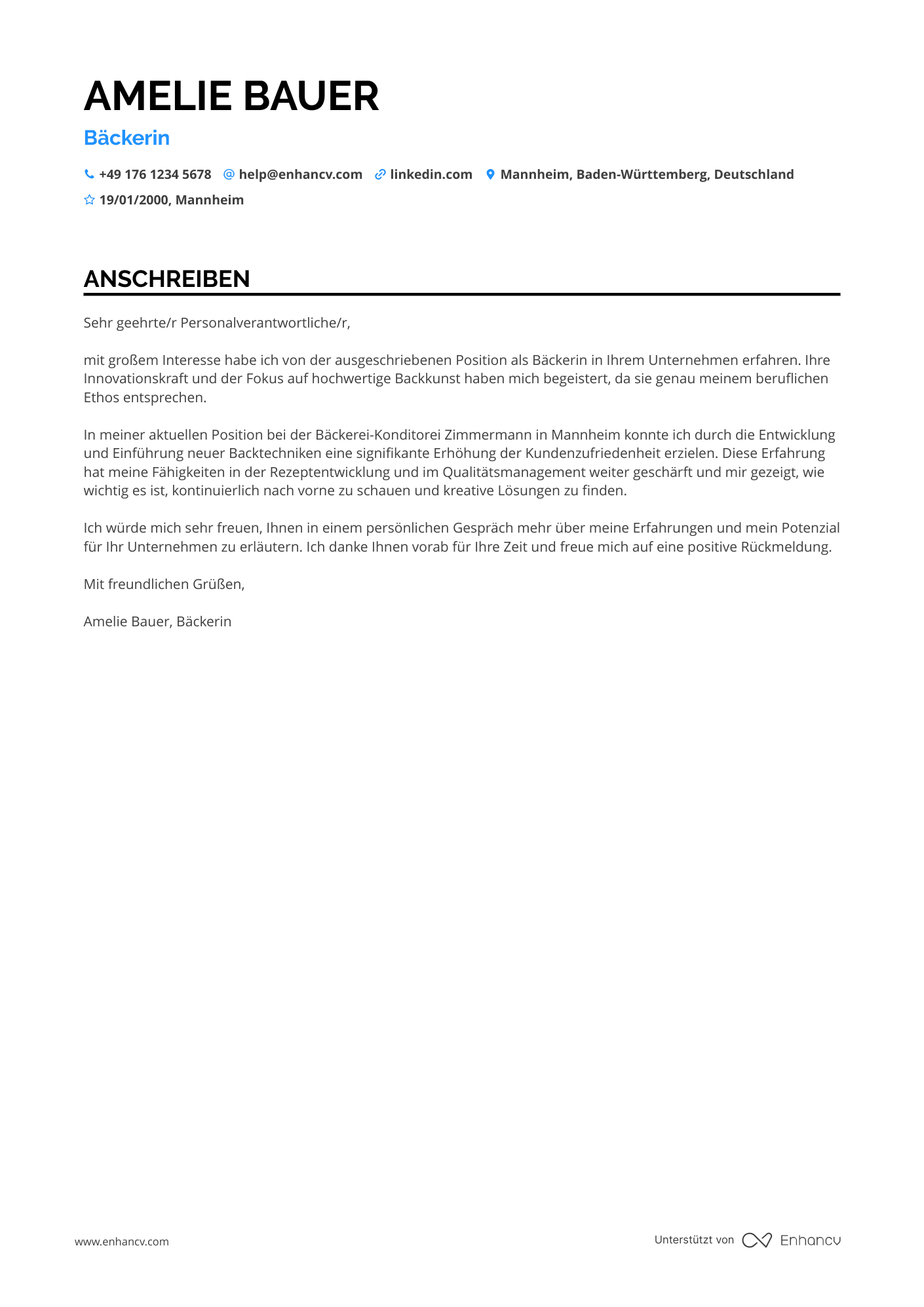 Restaurant Bäcker Resume Example