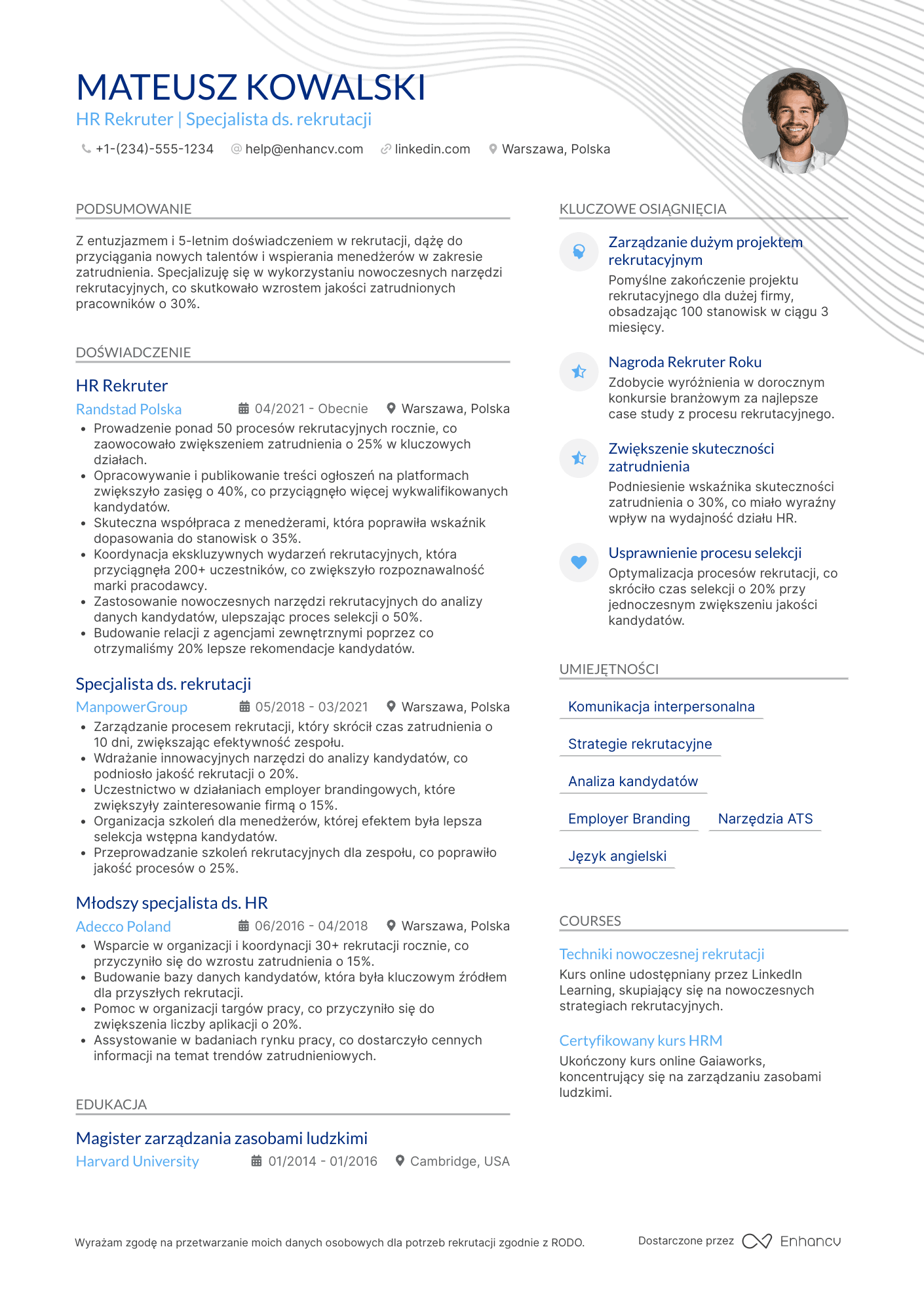 CV dla HR Rekruter Resume Example