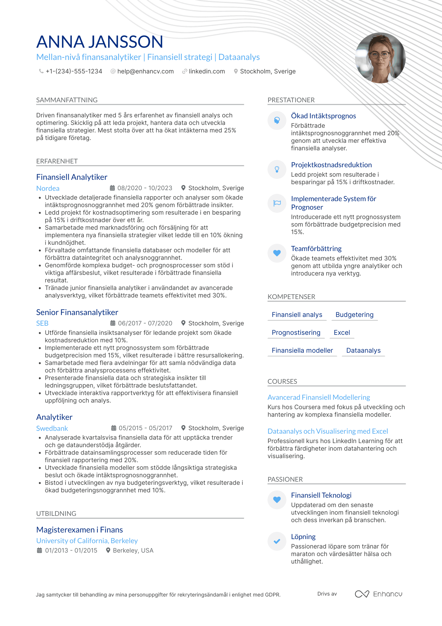 CV för Mellan nivå finansanalytiker Resume Example