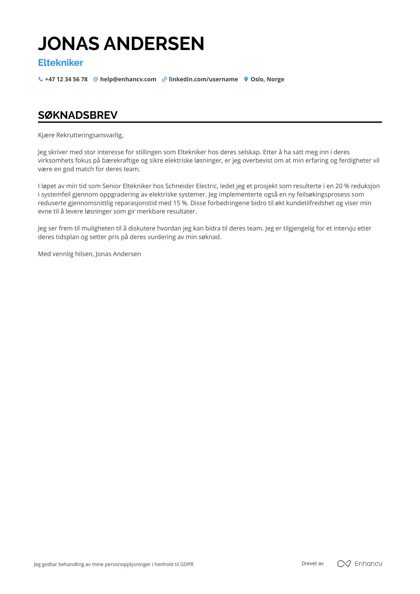 Søknadsbrev for Eltekniker Resume Example