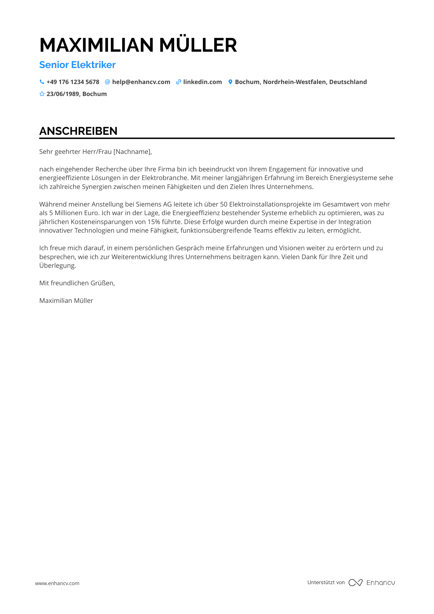 Senior Elektriker Resume Example