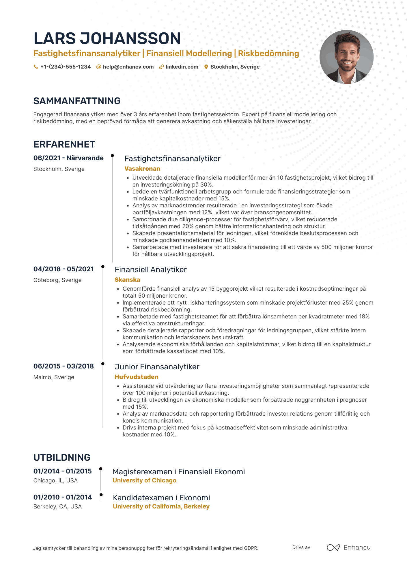 CV för Fastighetsfinansanalytiker Resume Example
