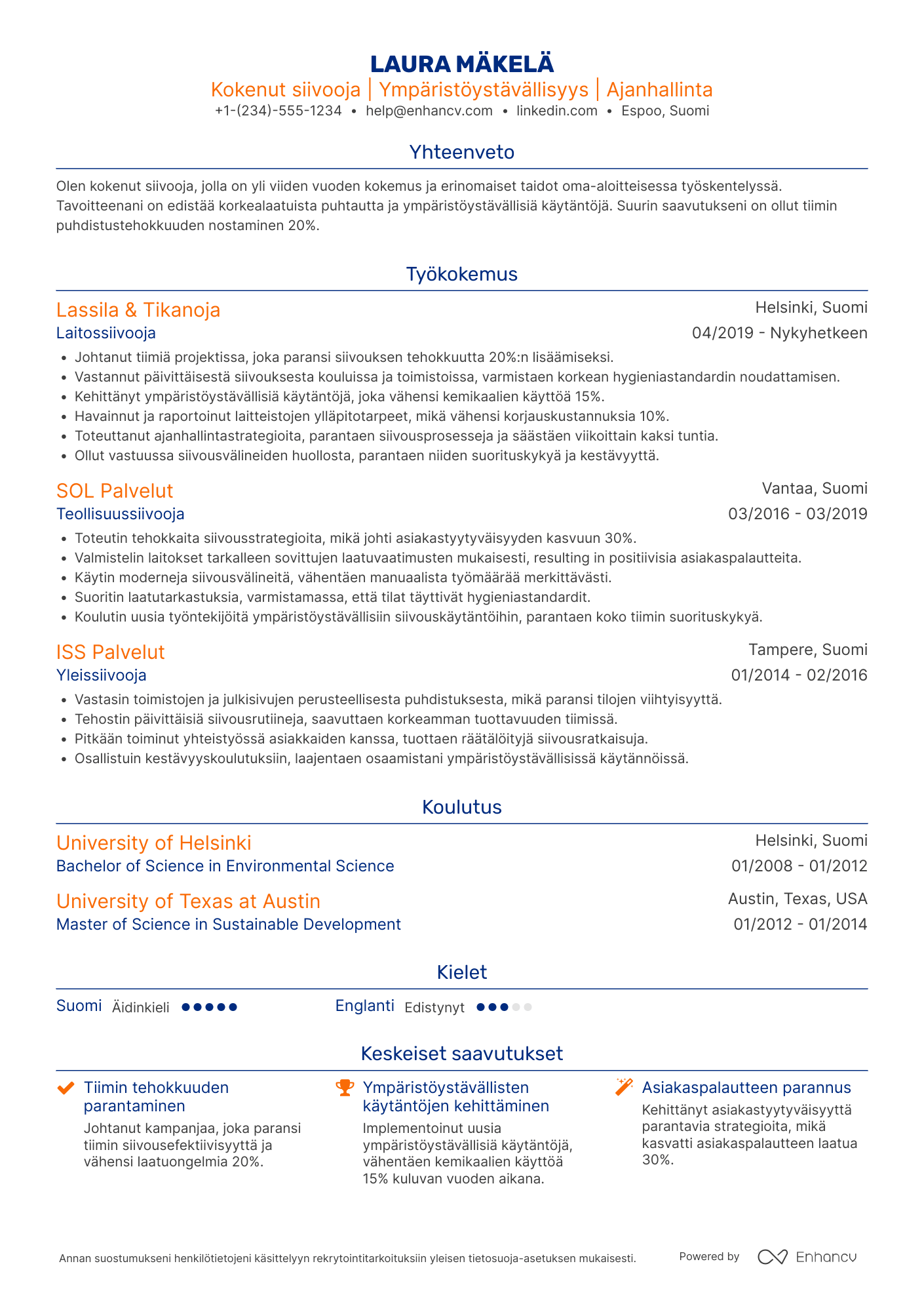 Ansioluettelo Laitossiivooja Resume Example