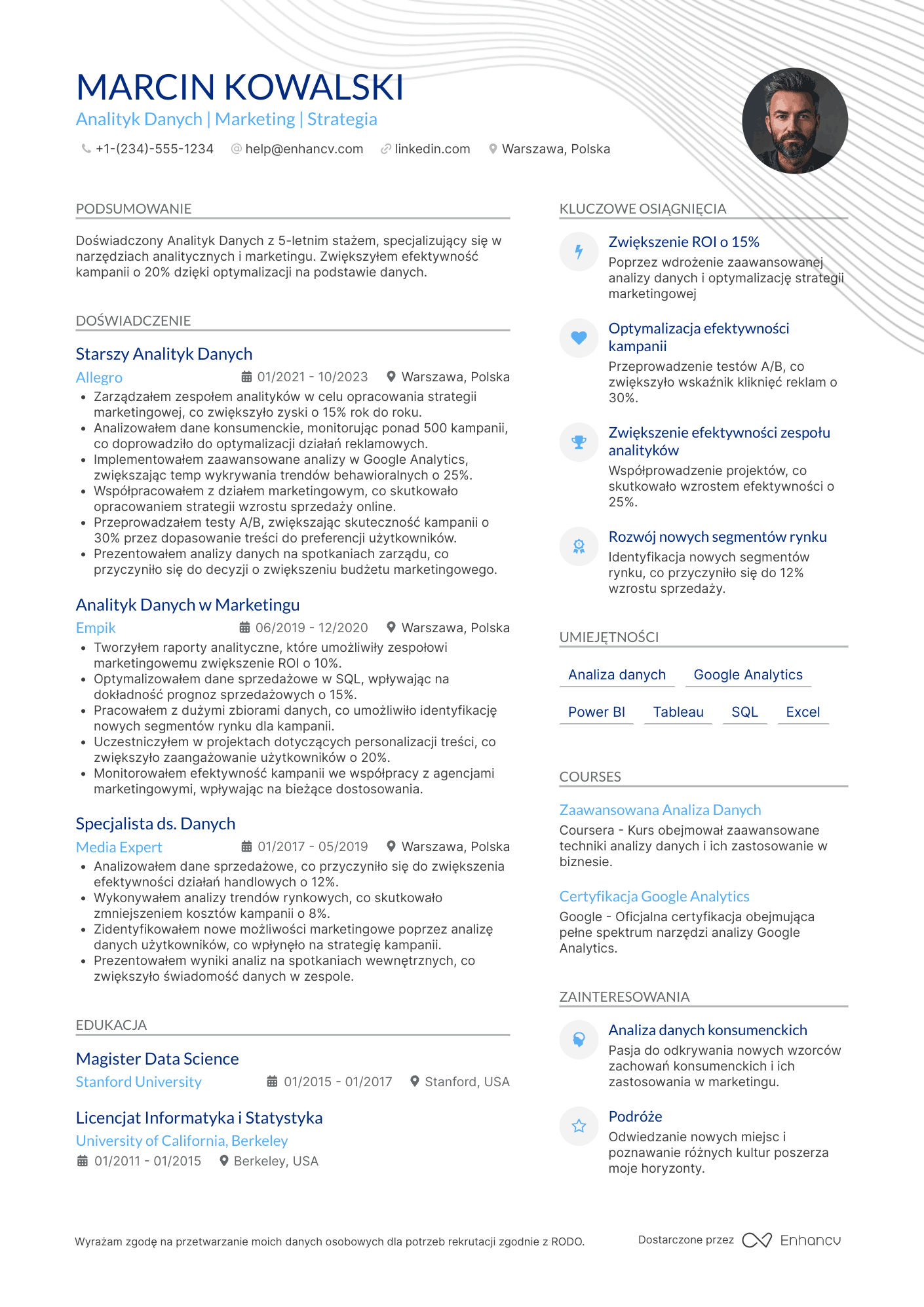 CV dla Analityk Danych w Marketingu Resume Example