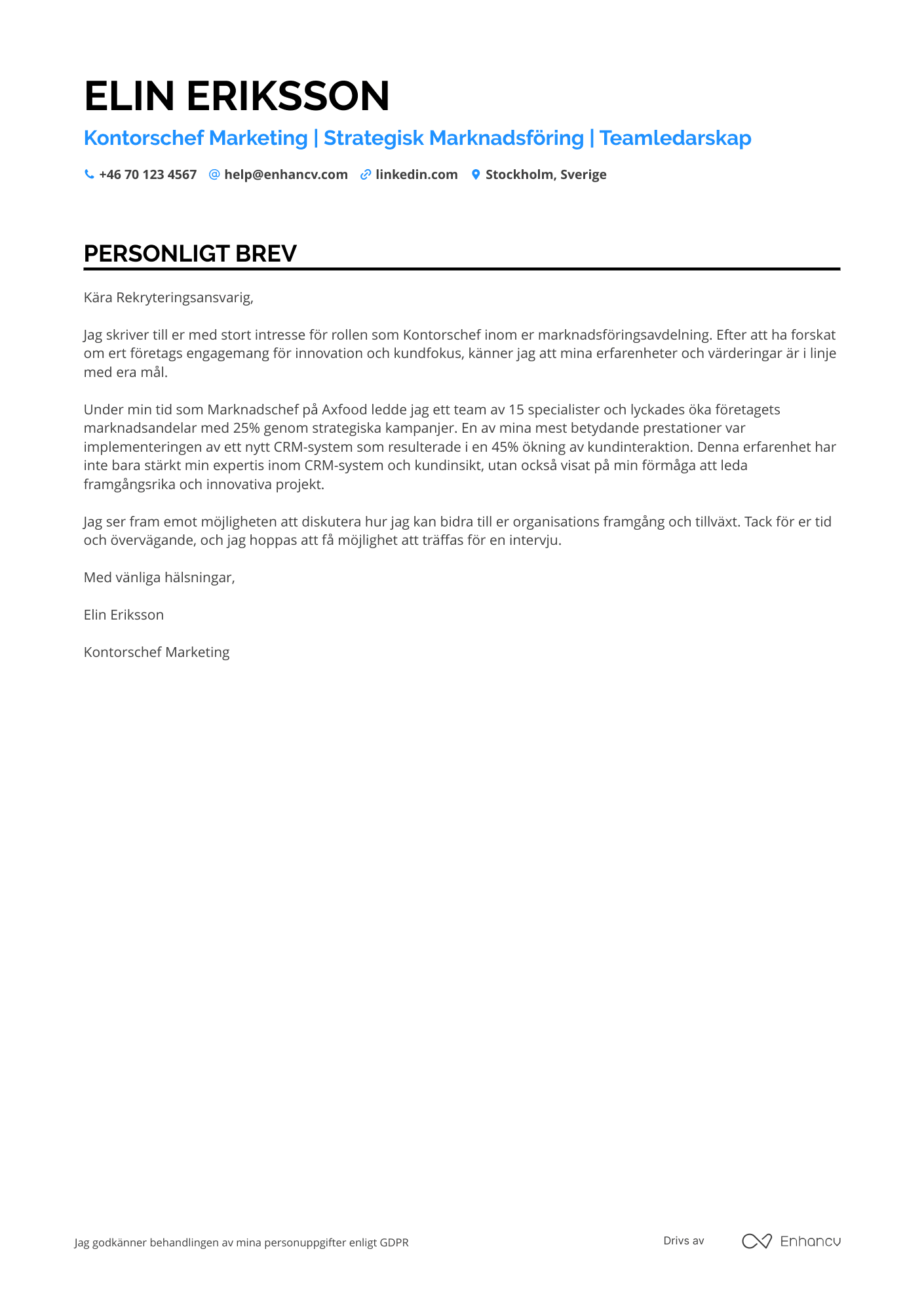Personligt brev för Kontorschef Marketing Resume Example