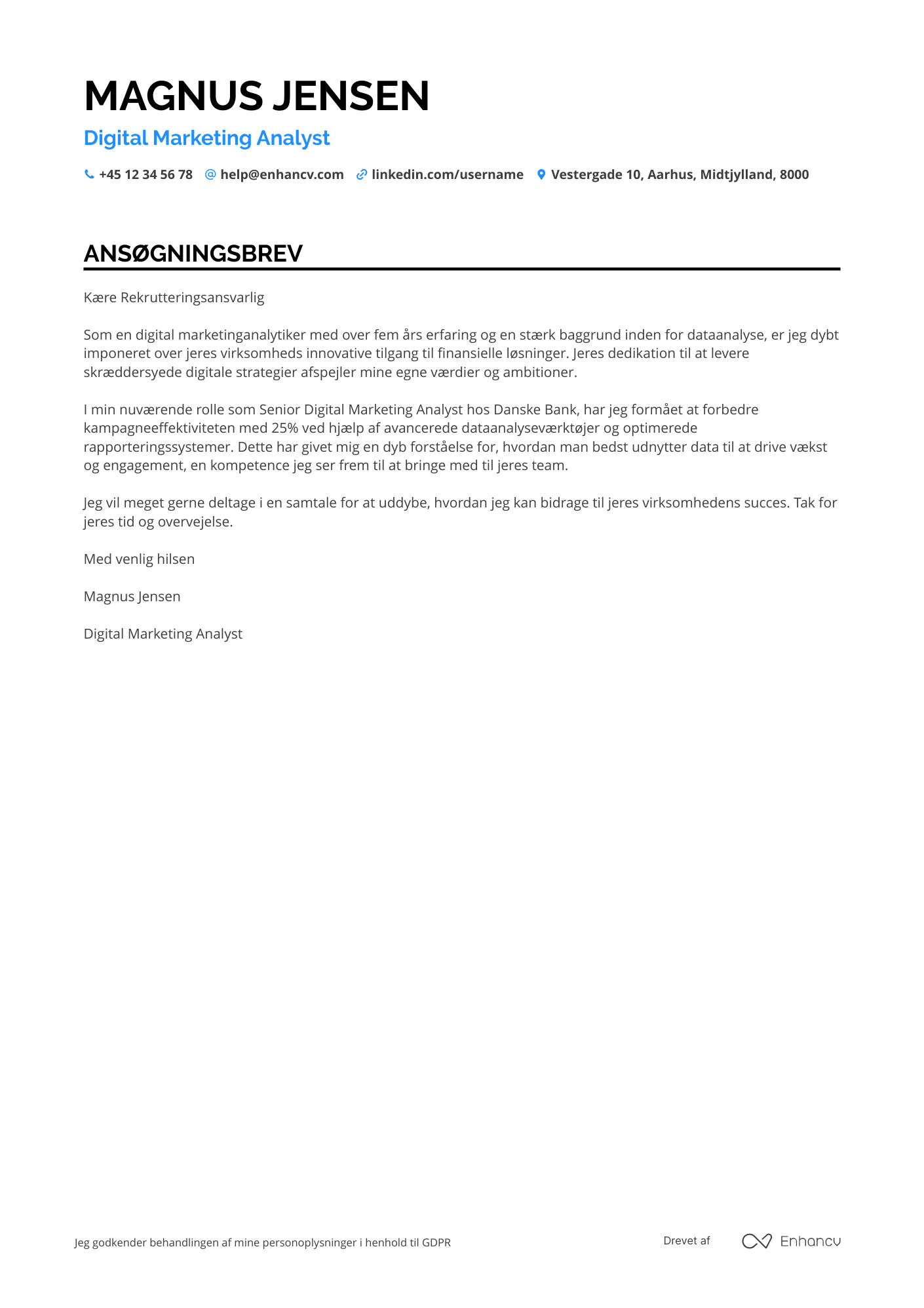 Ansøgningsbrev til Digital marketinganalytiker – finanssektoren Resume Example