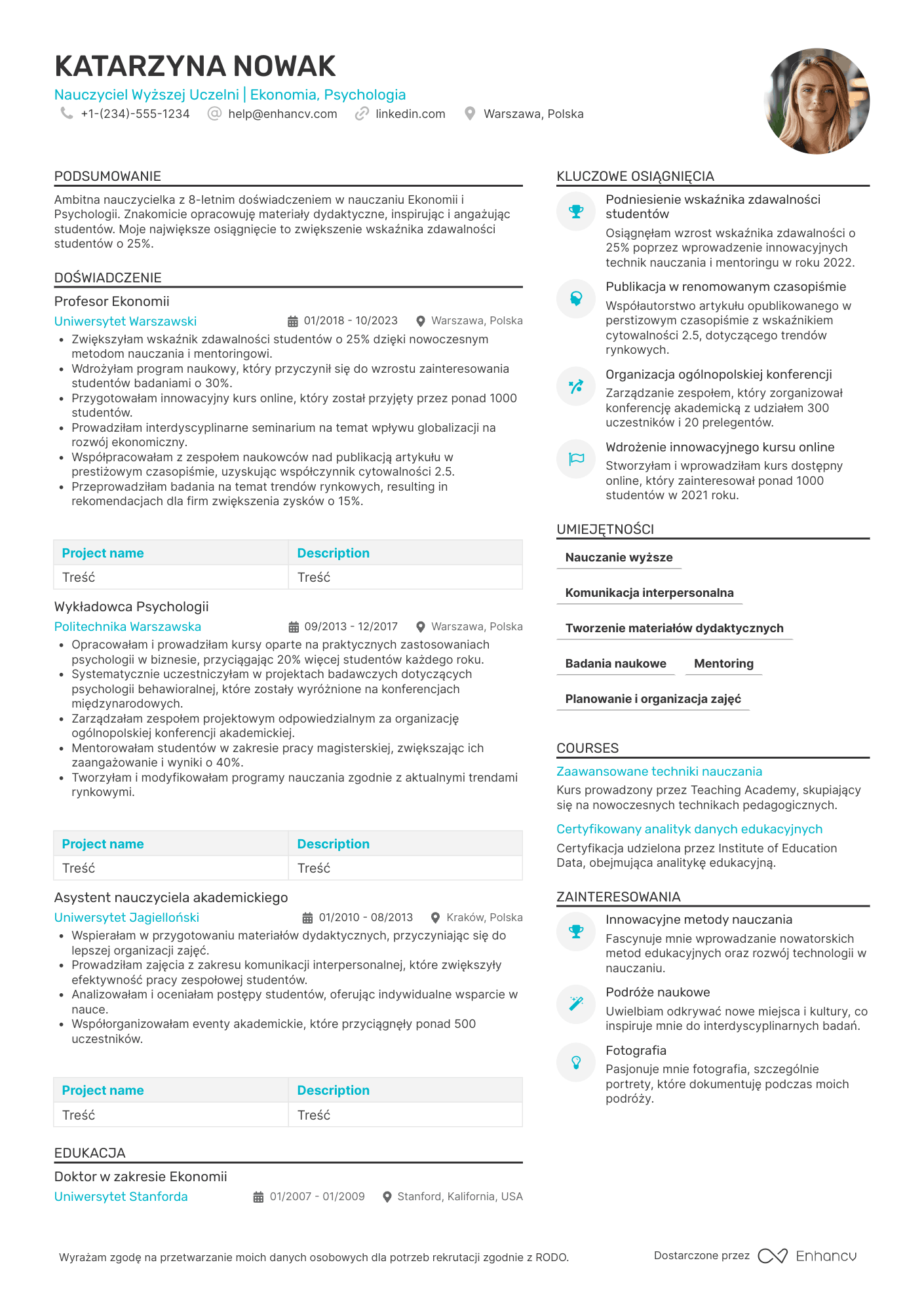 CV dla Nauczyciel Wyższej Uczelni Resume Example