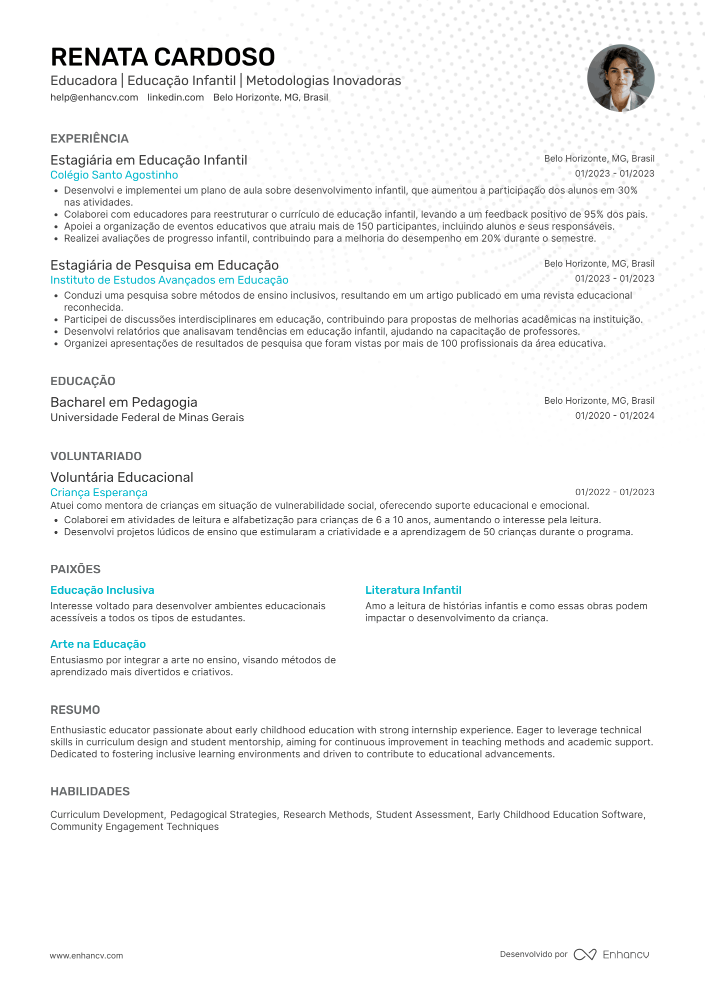 Professor de Educação Infantil Resume Example