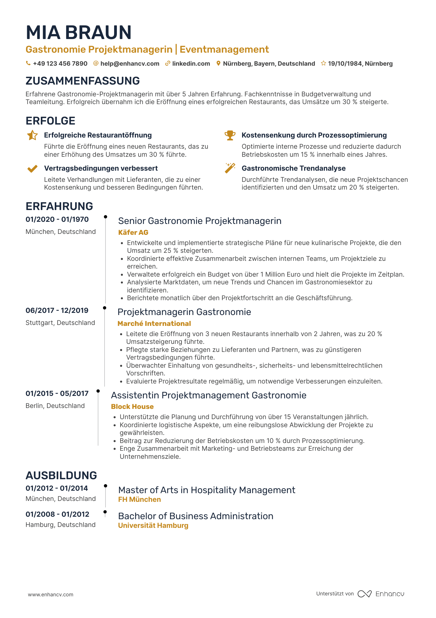 Lebenslauf als Gastronomie Projektmanager Resume Example