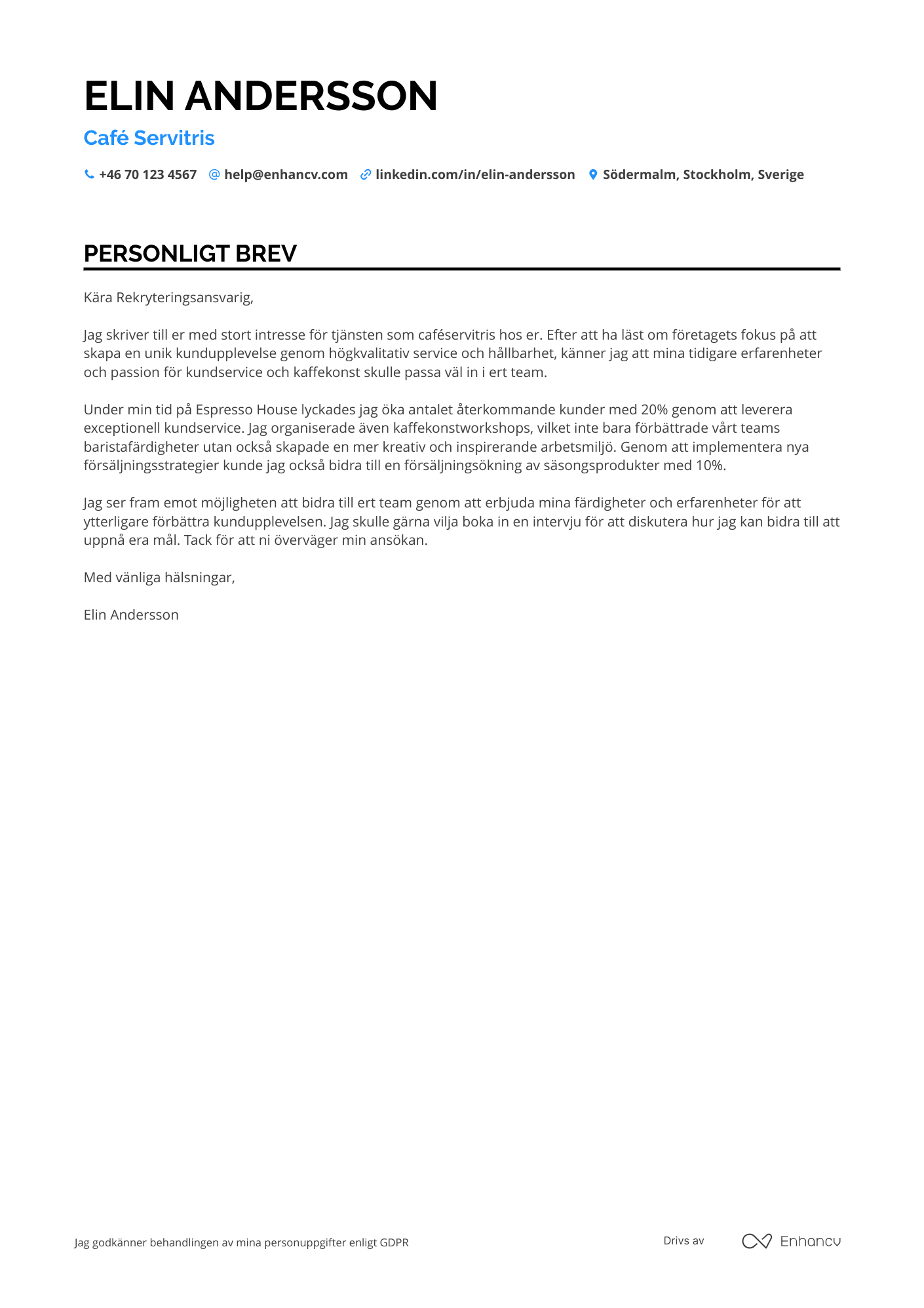 Personligt brev för Café Servitris Resume Example
