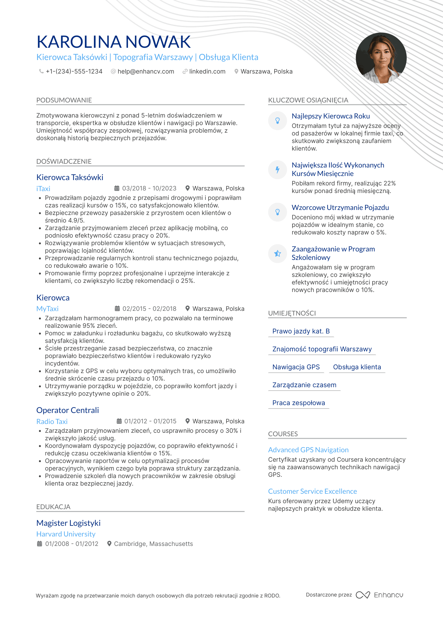 CV dla Kierowca taksówki Resume Example