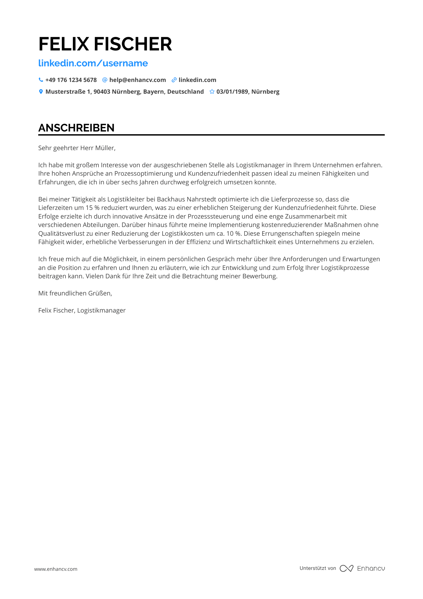 Bäckerei Logistikmanager Resume Example