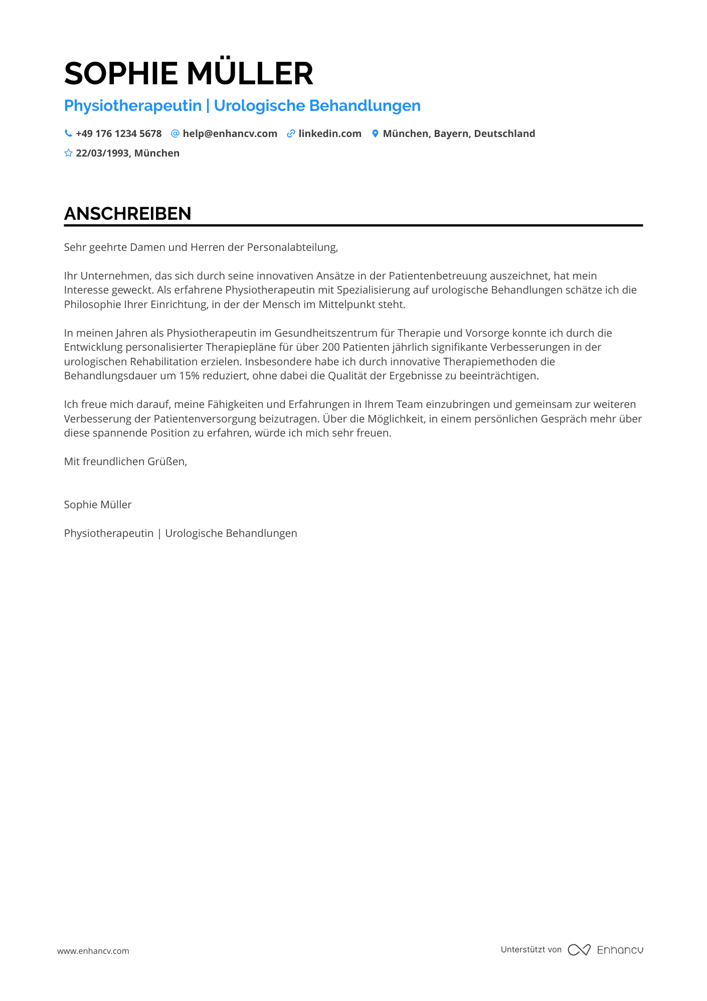 Physiotherapeut in der Urologie Resume Example
