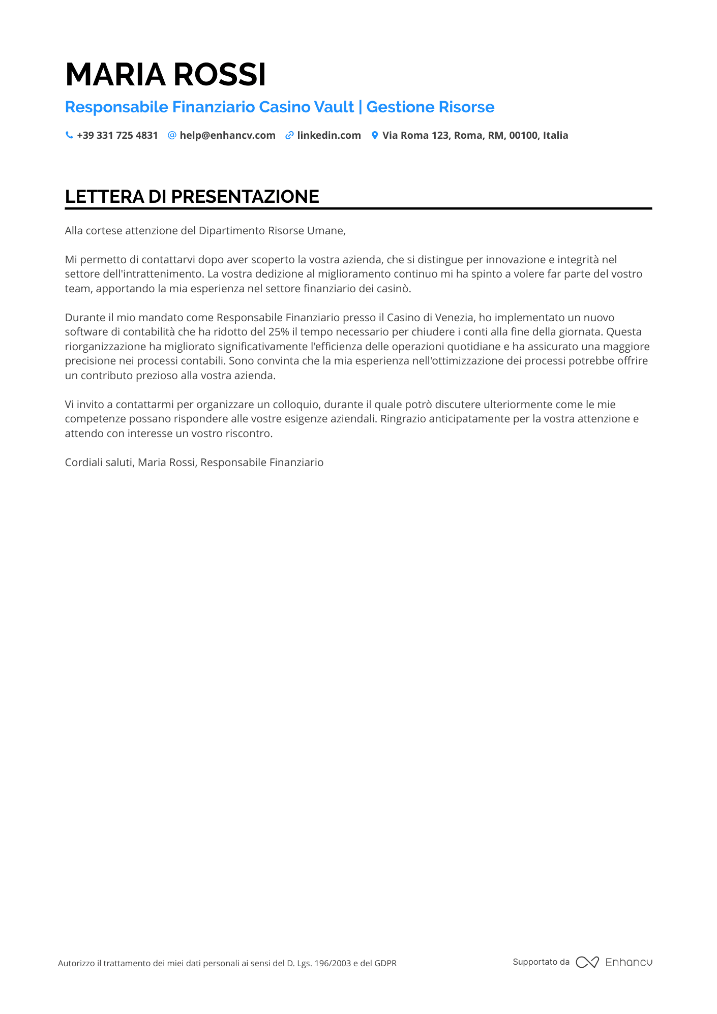 Cassiera di Banca Resume Example