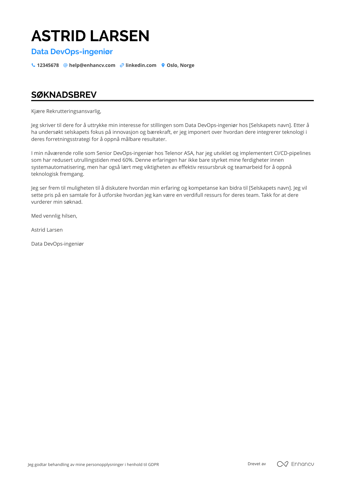 Søknadsbrev for Data DevOps ingeniør Resume Example