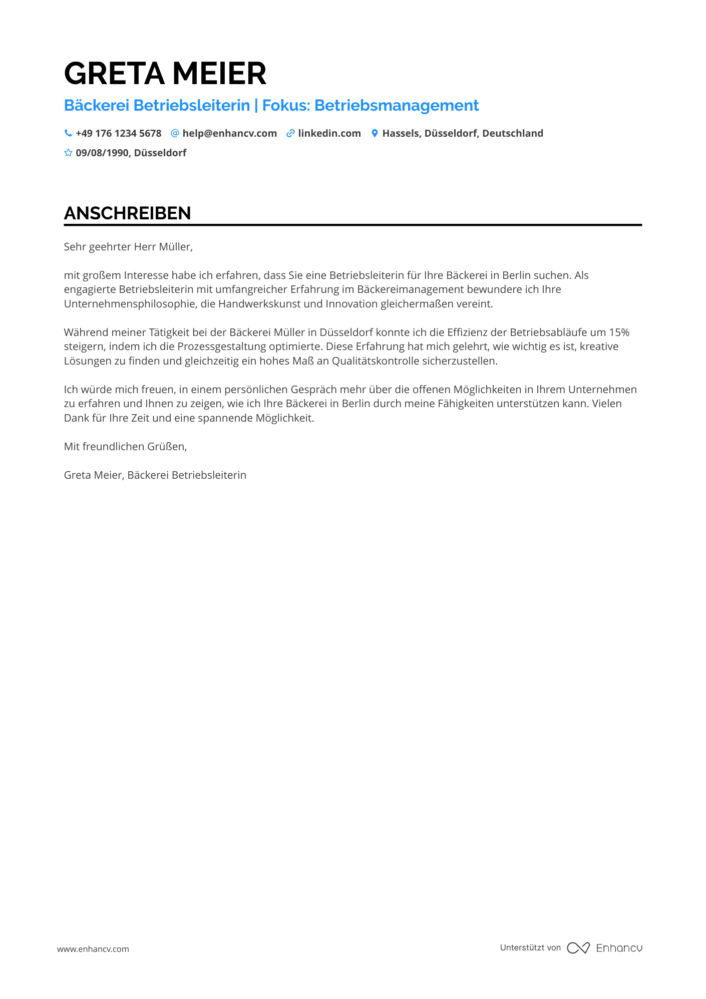 Bäckerei Betriebsleiter Resume Example