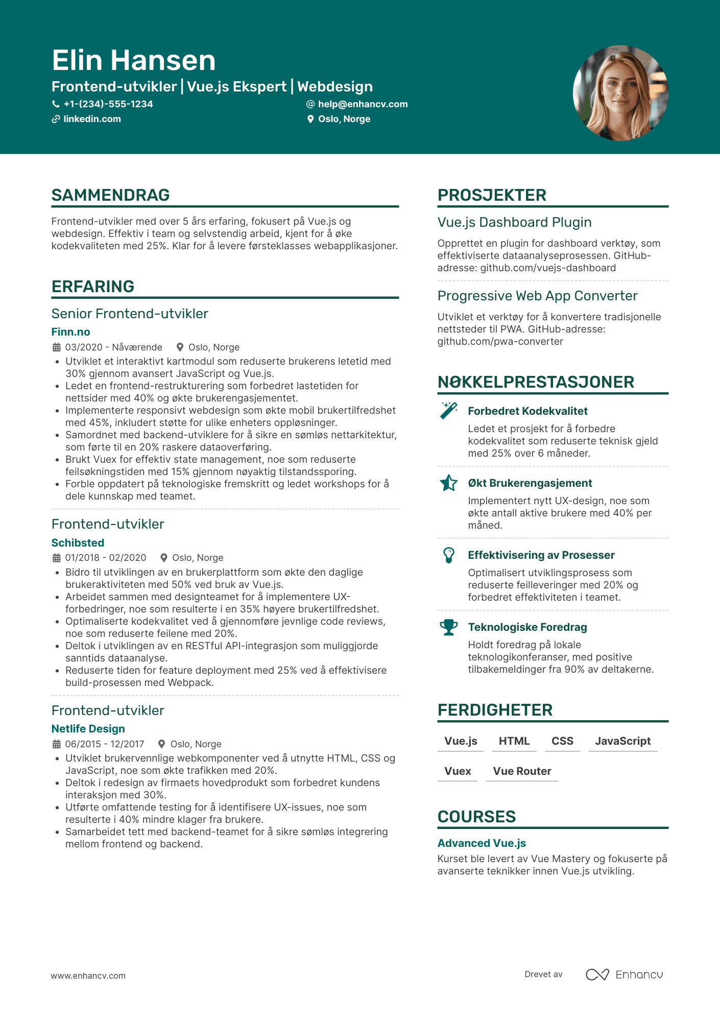 CV for Frontend‑utvikler med Vue.js Resume Example