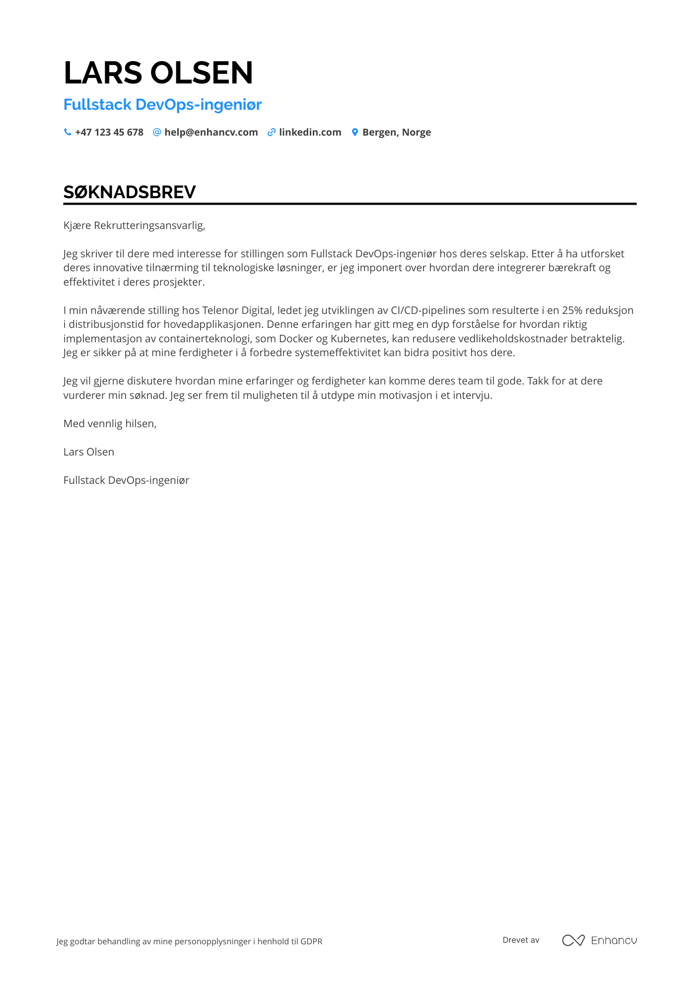 Søknadsbrev for Fullstack DevOps ingeniør Resume Example