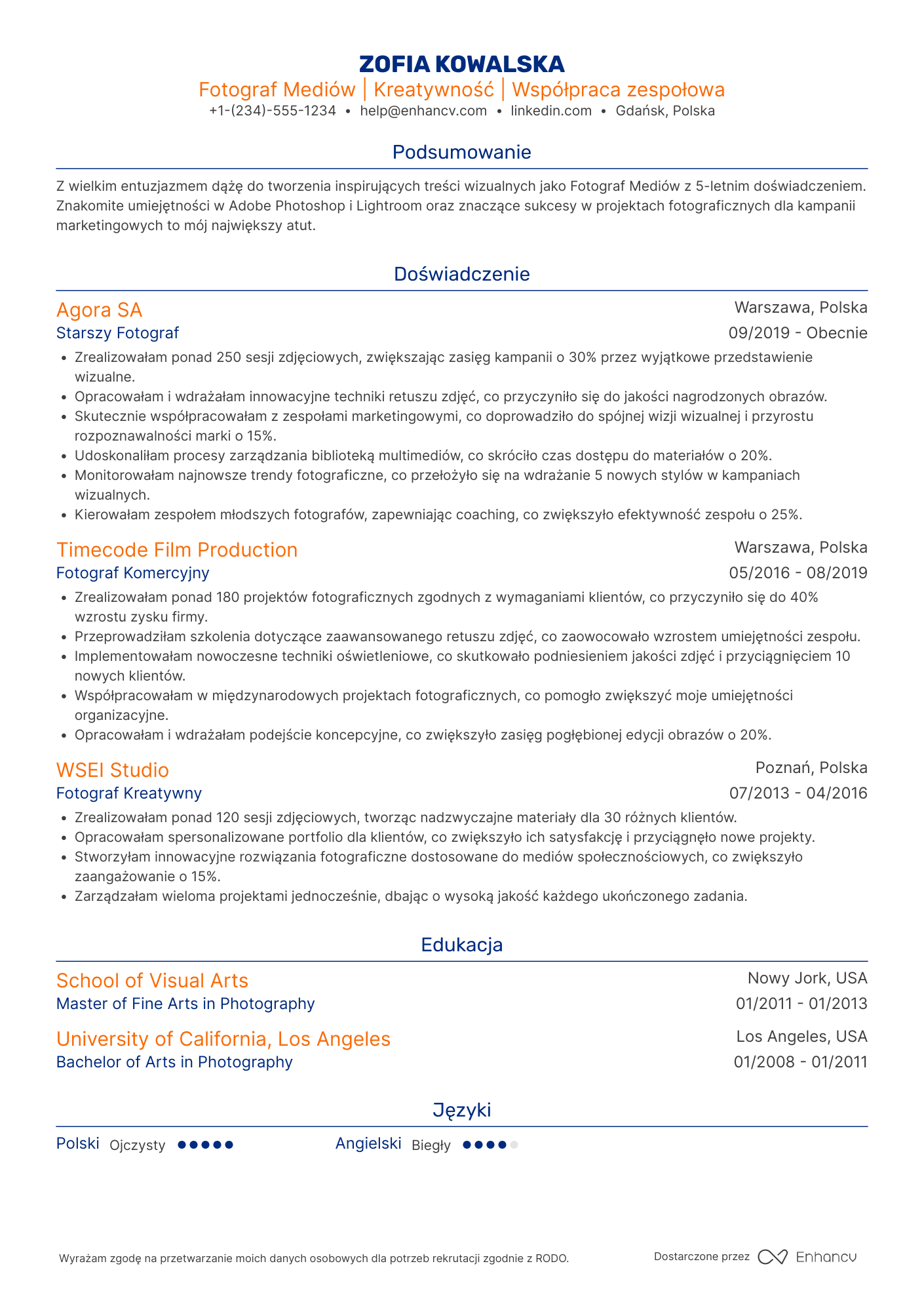 CV dla Fotograf mediów Resume Example