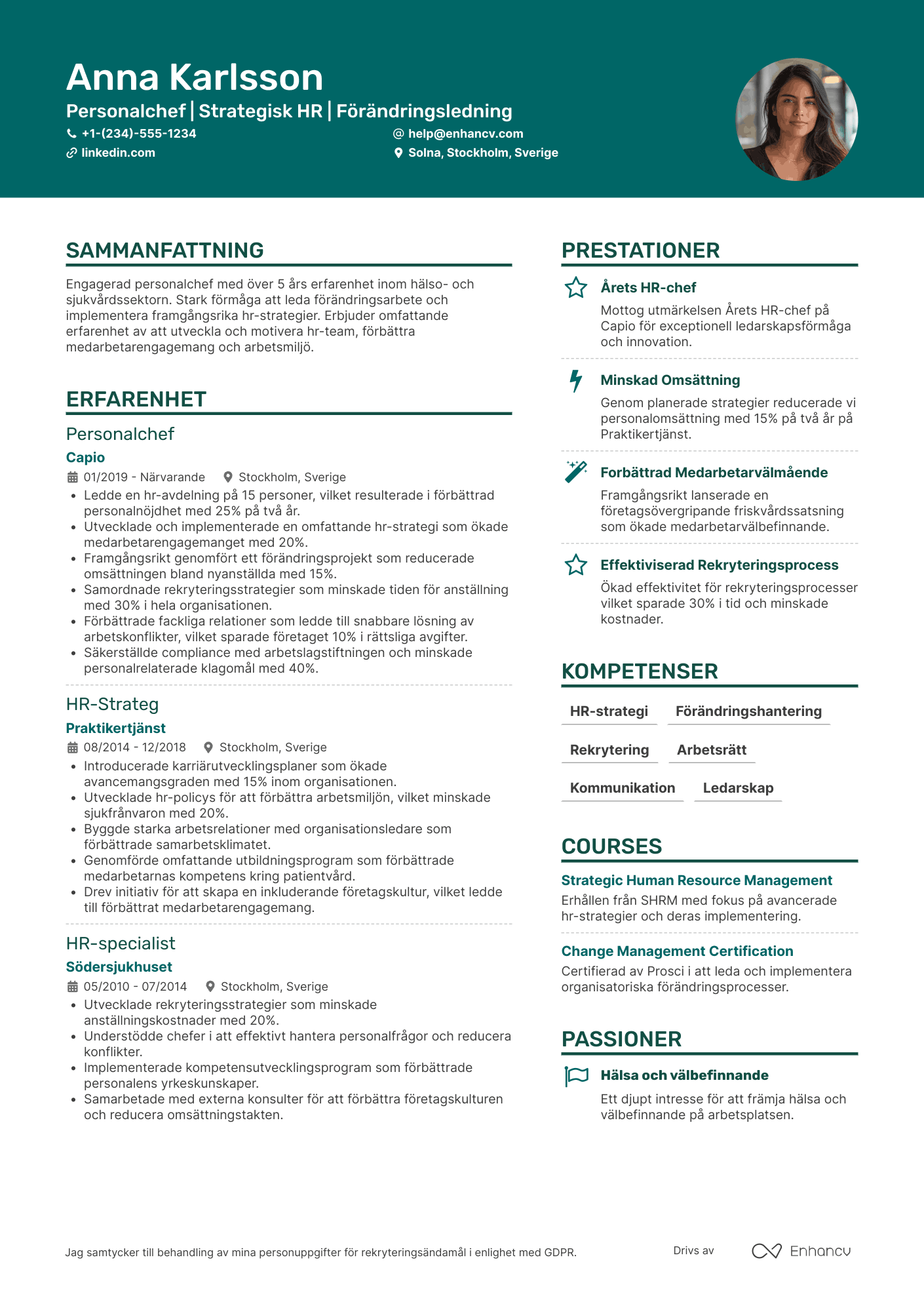 CV för Personalchef inom hälso  och sjukvård Resume Example