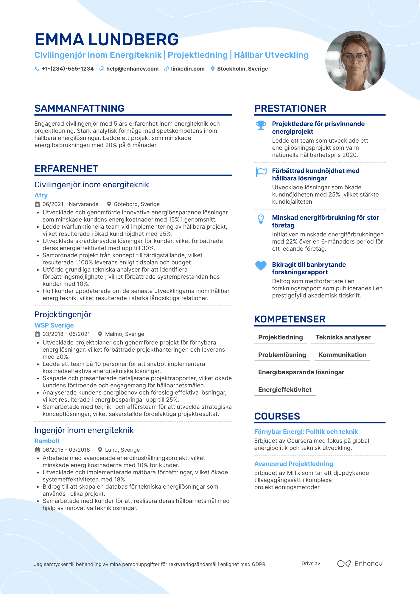CV för Civilingenjör inom energiteknik Resume Example