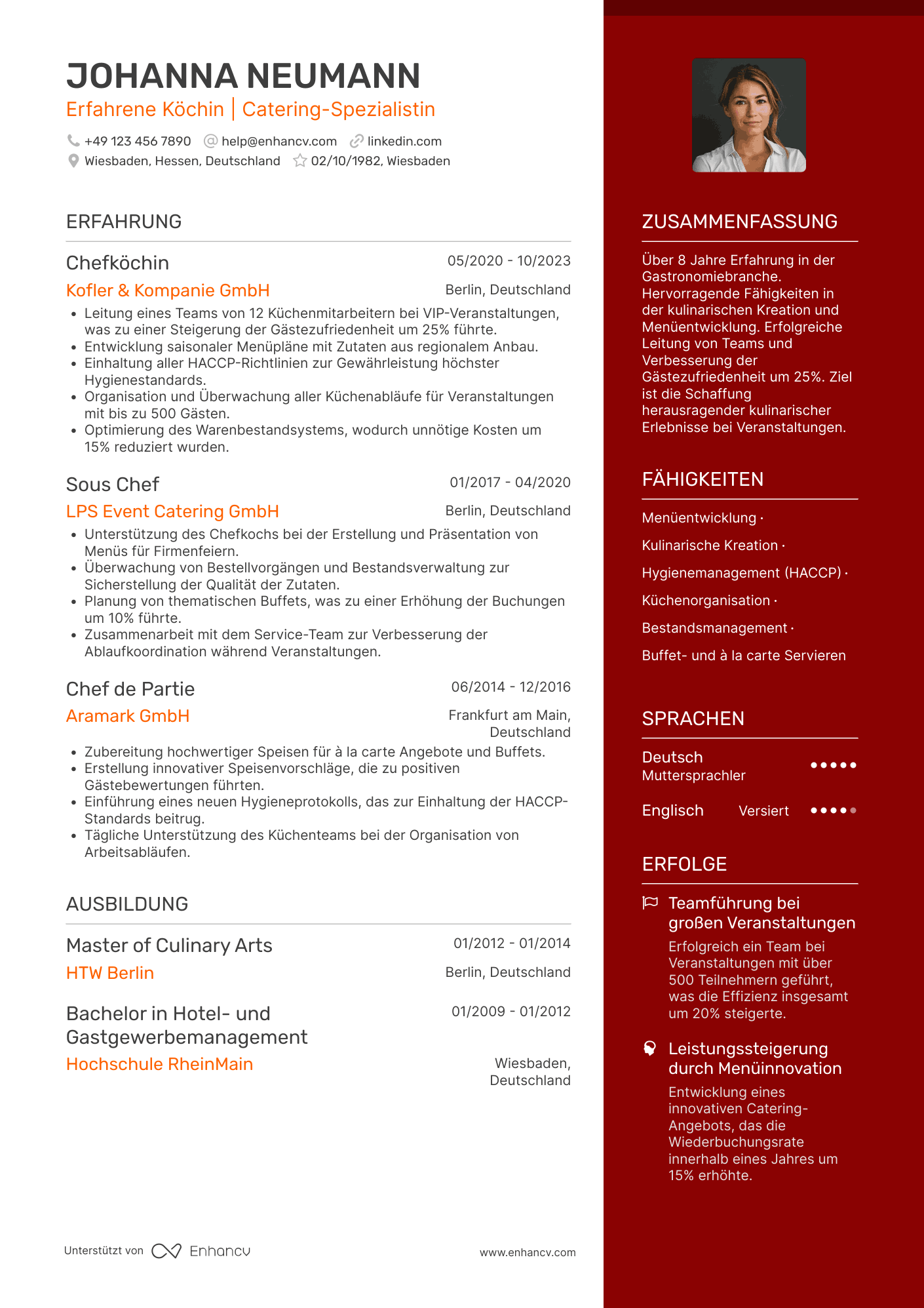 Lebenslauf als Koch in einem Catering Unternehmen Resume Example