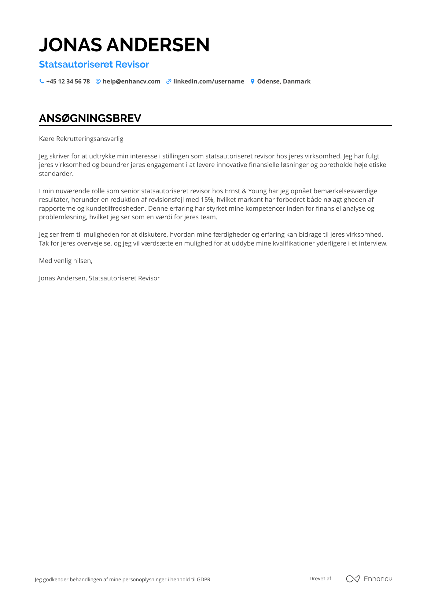 Ansøgningsbrev til Statsautoriseret revisor Resume Example