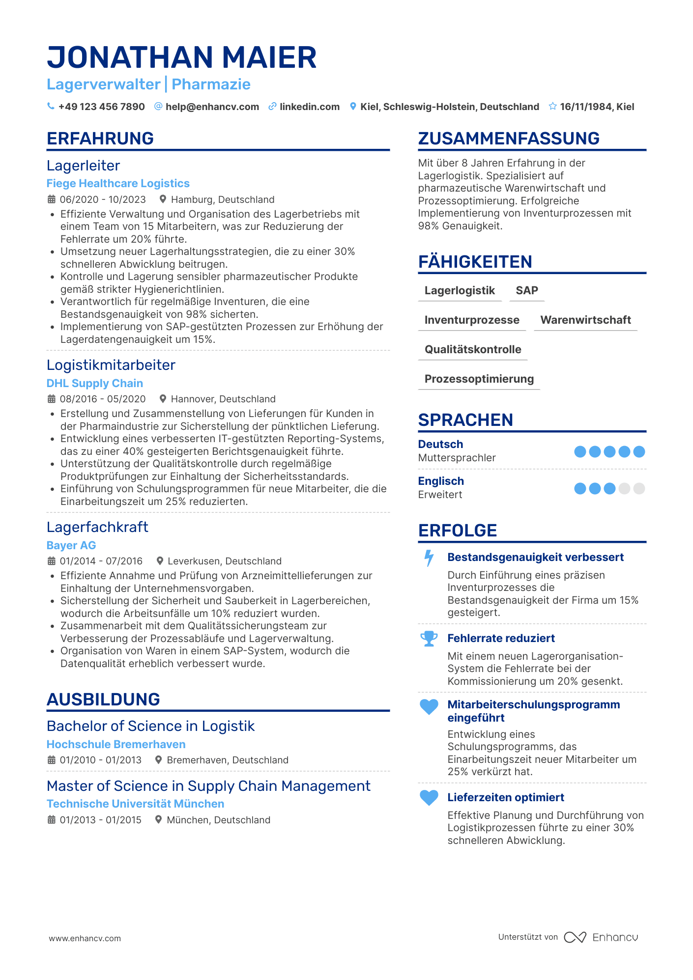 Lebenslauf in Lagerist in der Pharmaindustrie Resume Example
