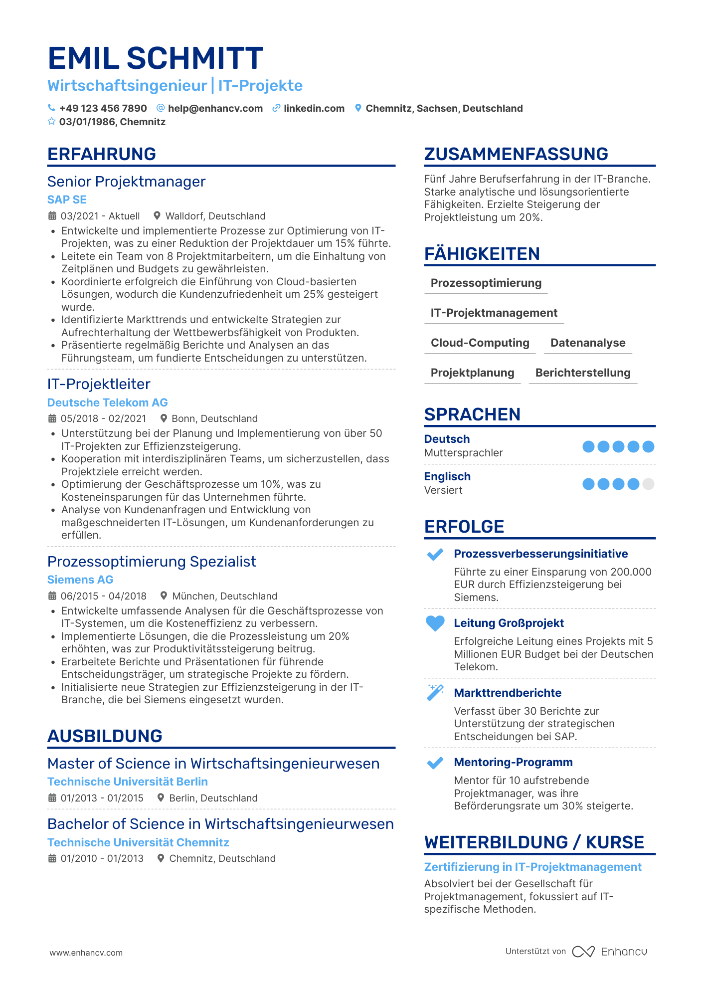 Lebenslauf in Wirtschaftsingenieur in der IT Branche Resume Example