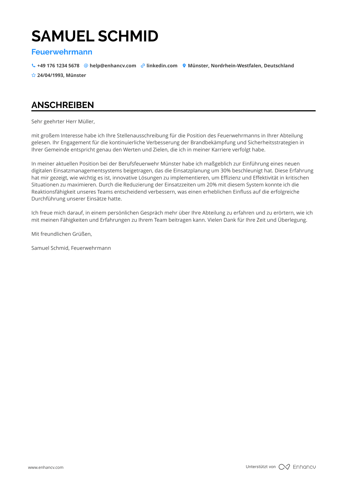 Feuerwehrmann Berufseinsteiger Resume Example