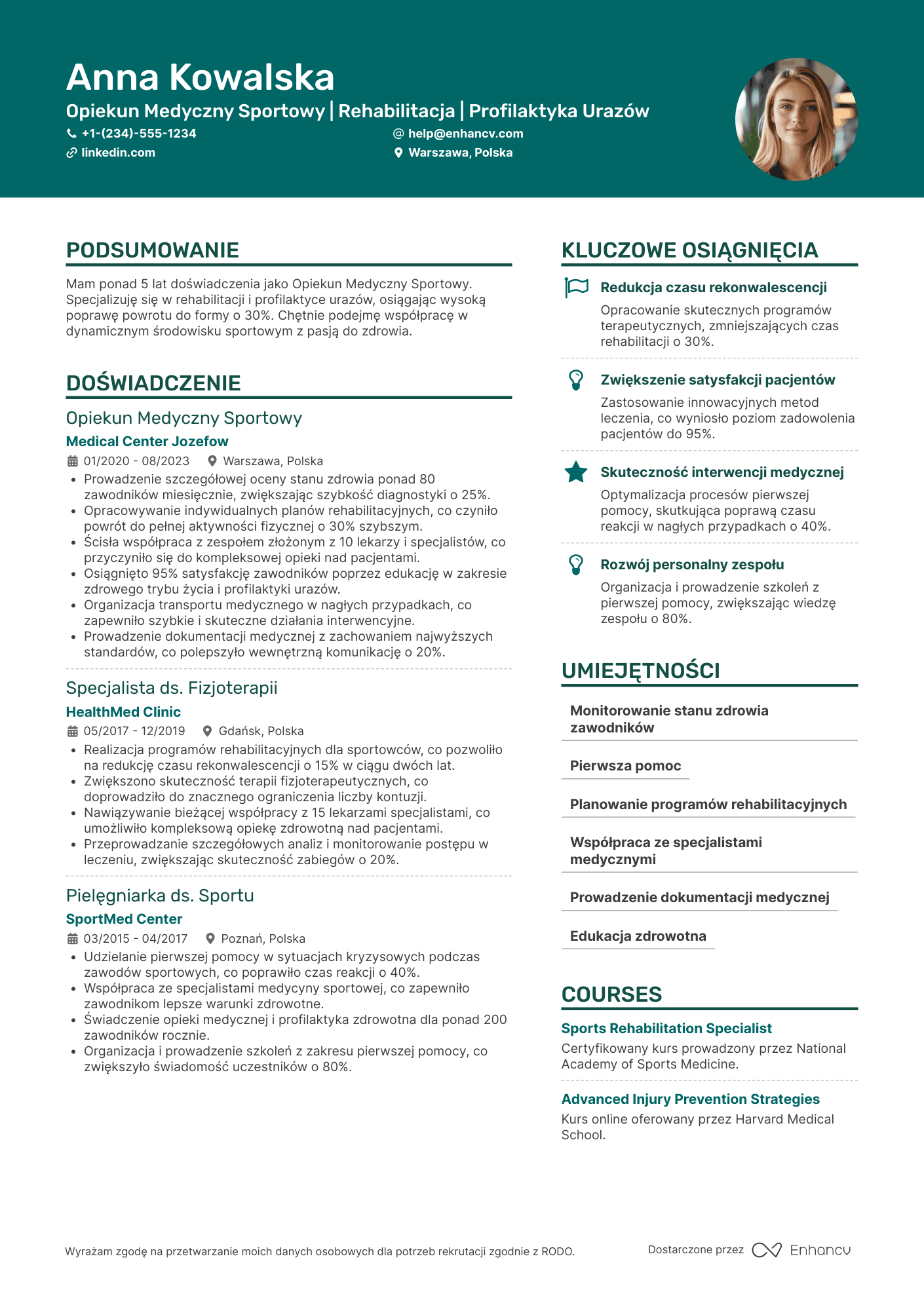 CV dla Opiekun Medyczny Sportowy Resume Example