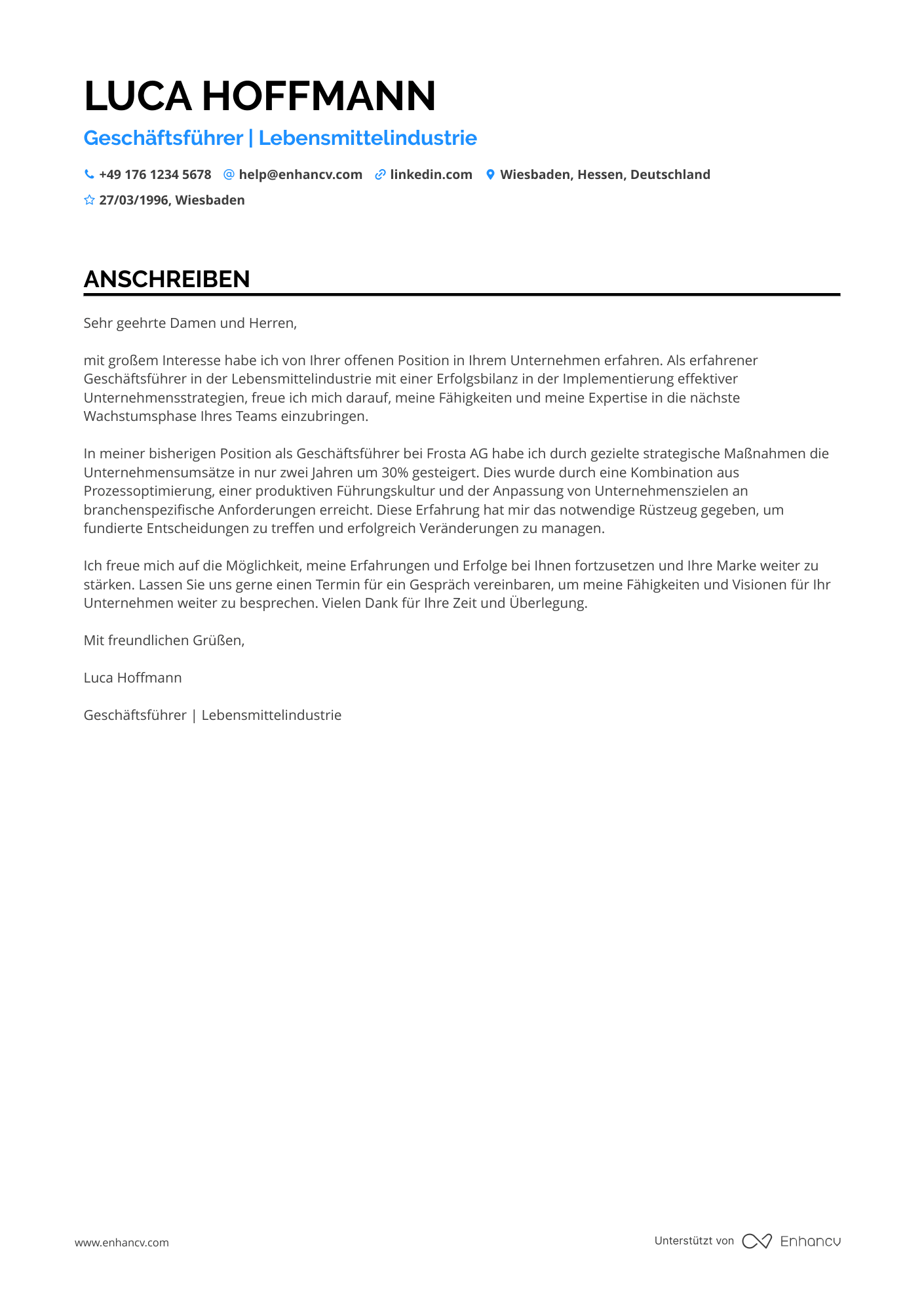 Geschäftsführer in der Lebensmittelindustrie Resume Example