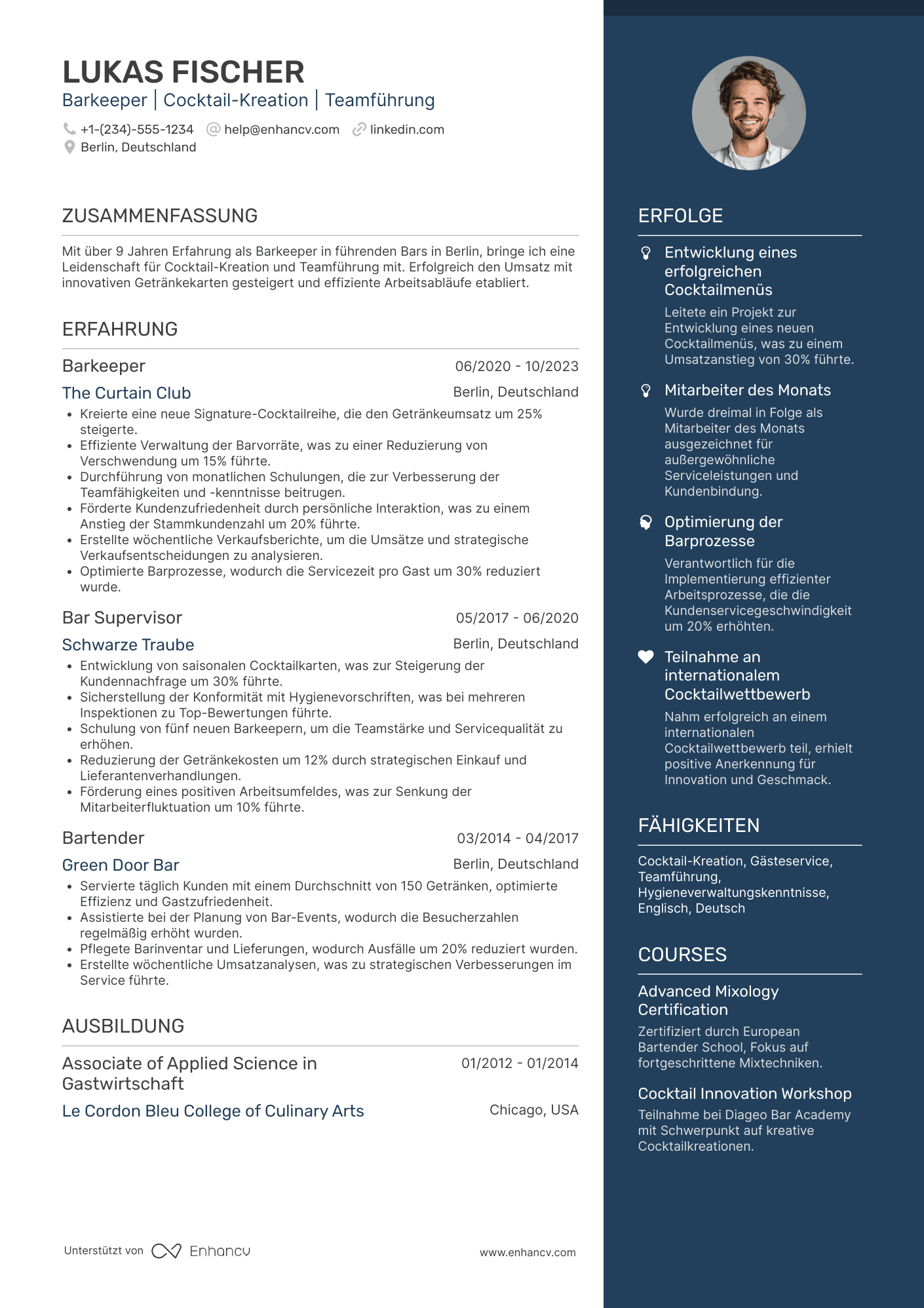 Lebenslauf Barkeeper/Bartender Resume Example