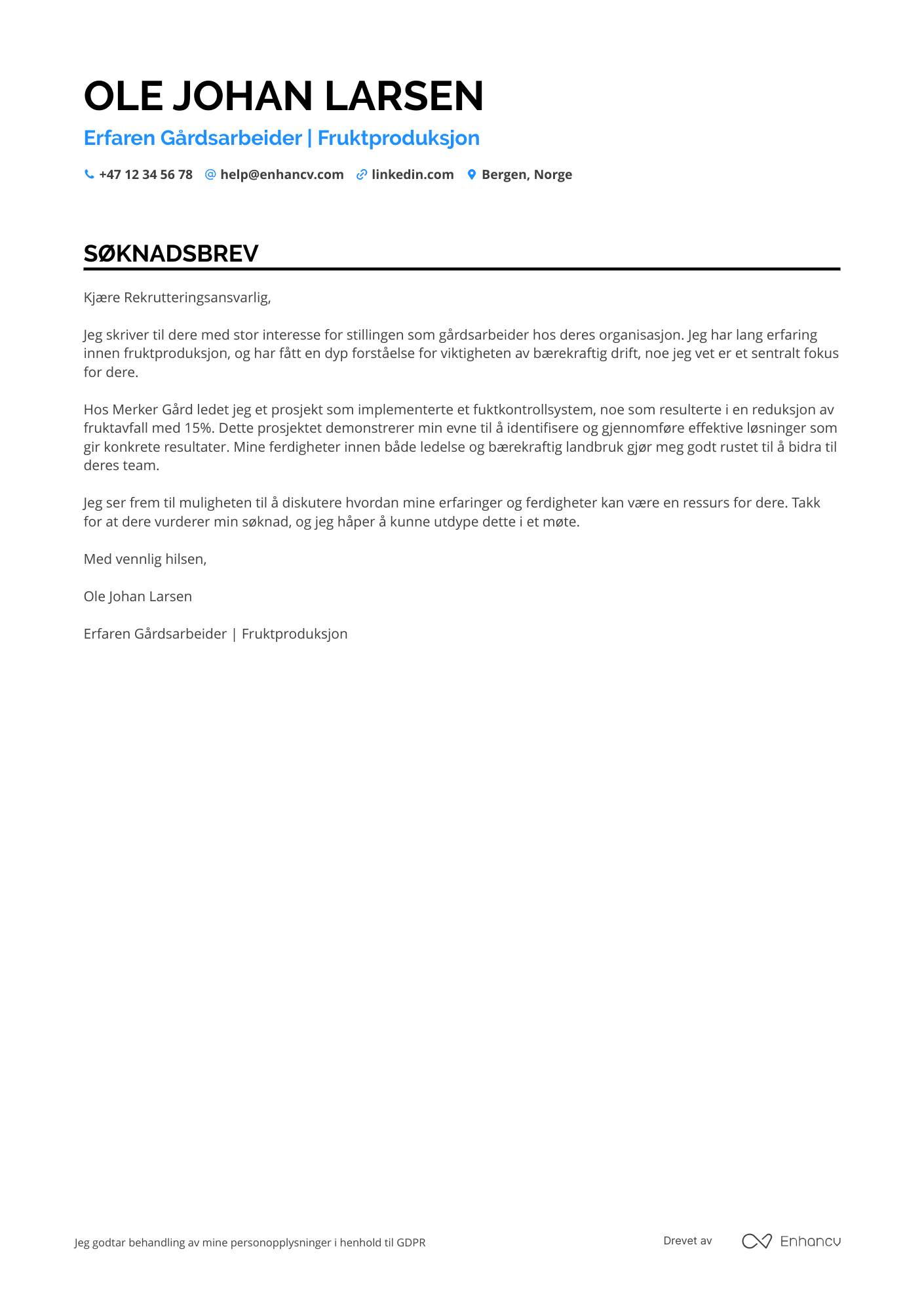 Søknadsbrev for Gårdsarbeider i fruktproduksjon Resume Example