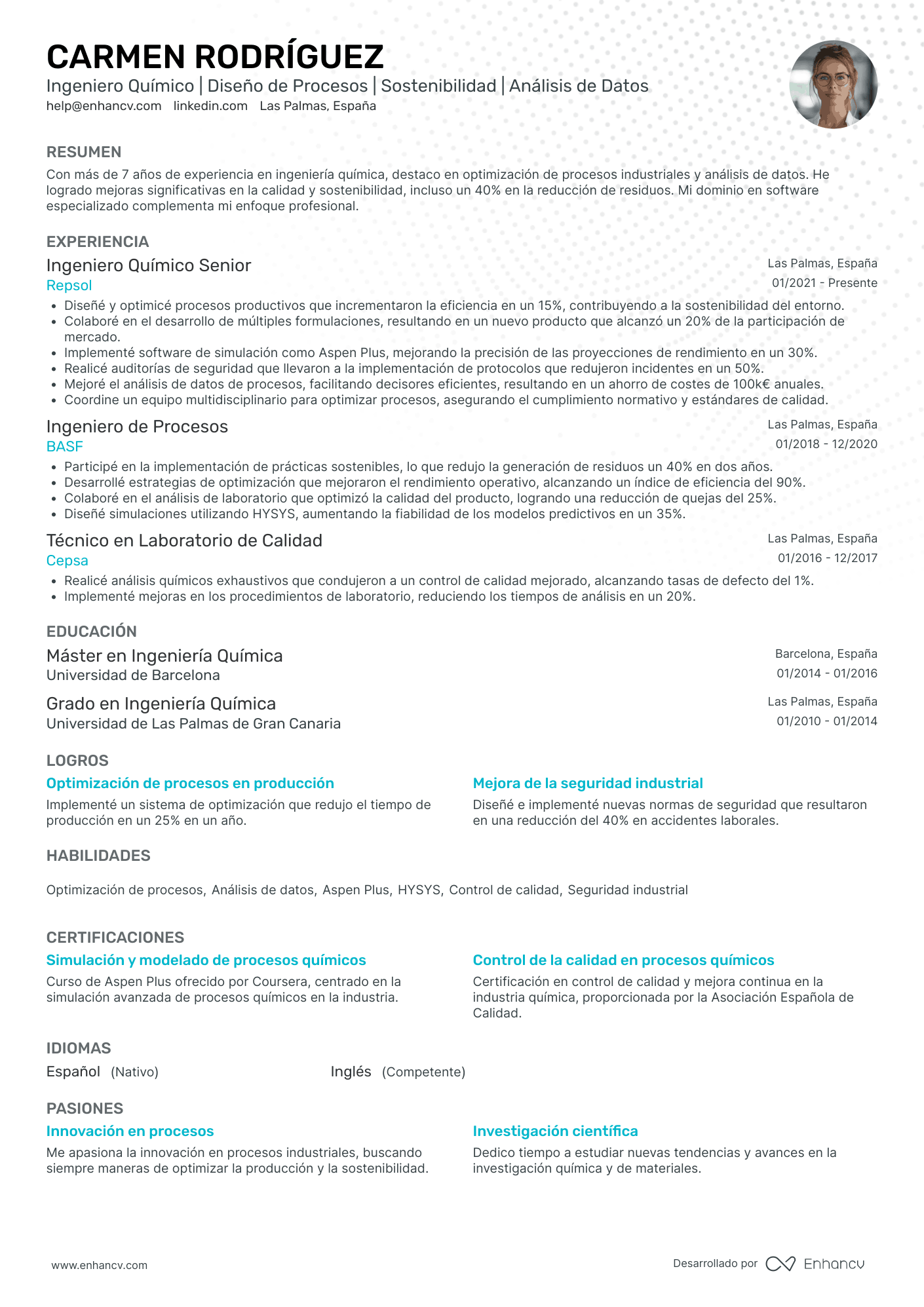 Ingeniero Químico Resume Example