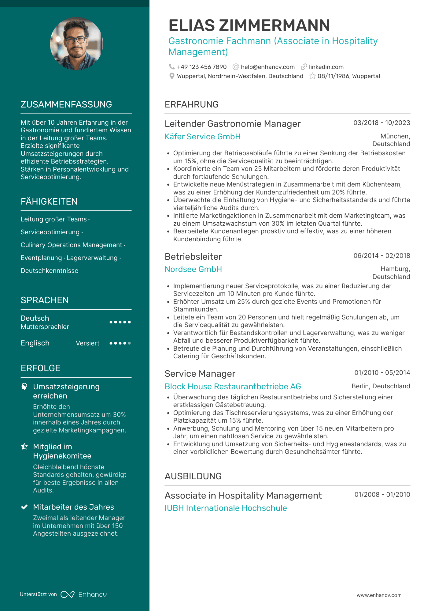 Lebenslauf als Senior Gastronomie Fachmann Resume Example