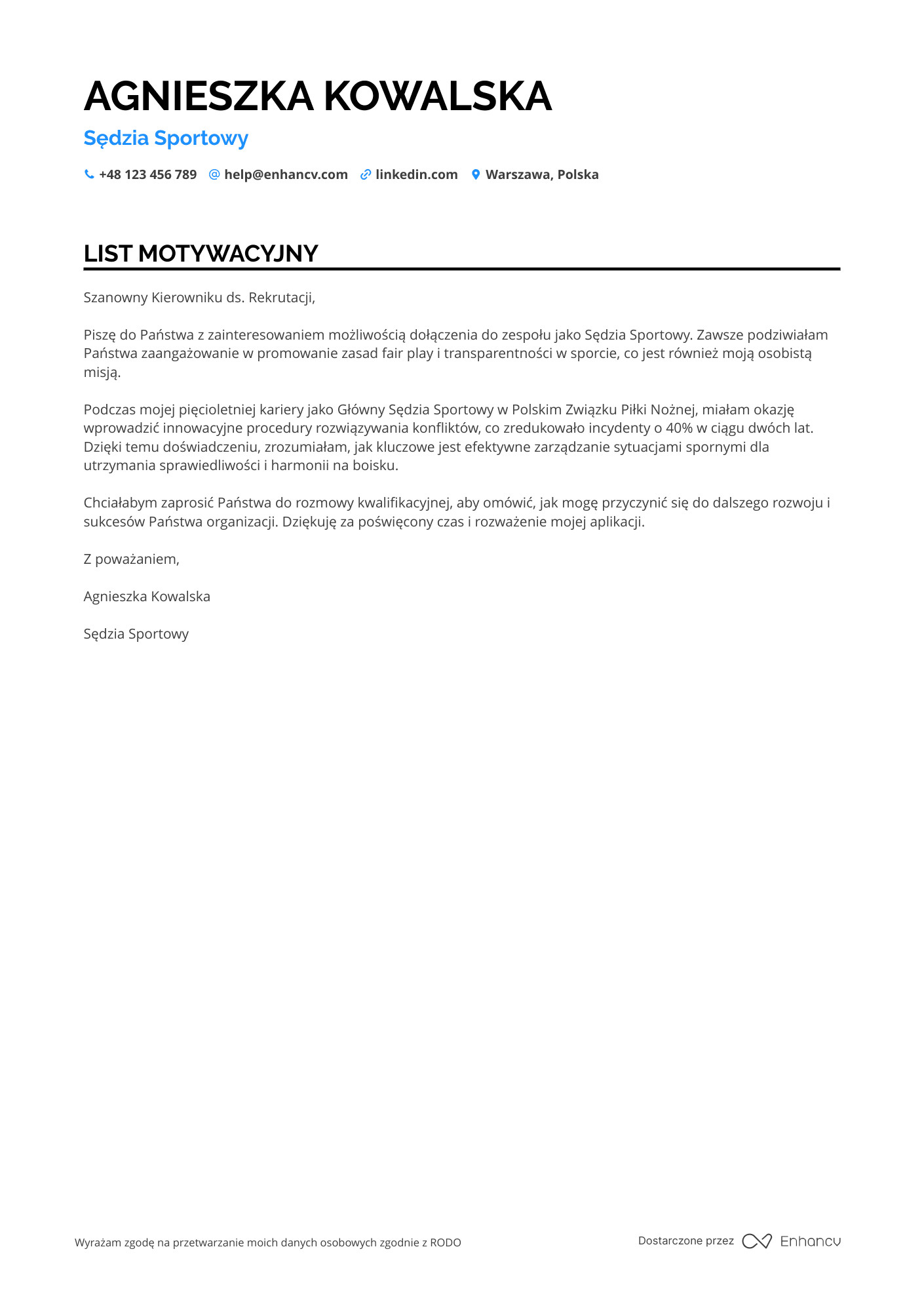 List motywacyjny dla Sędzia Sportowy Resume Example