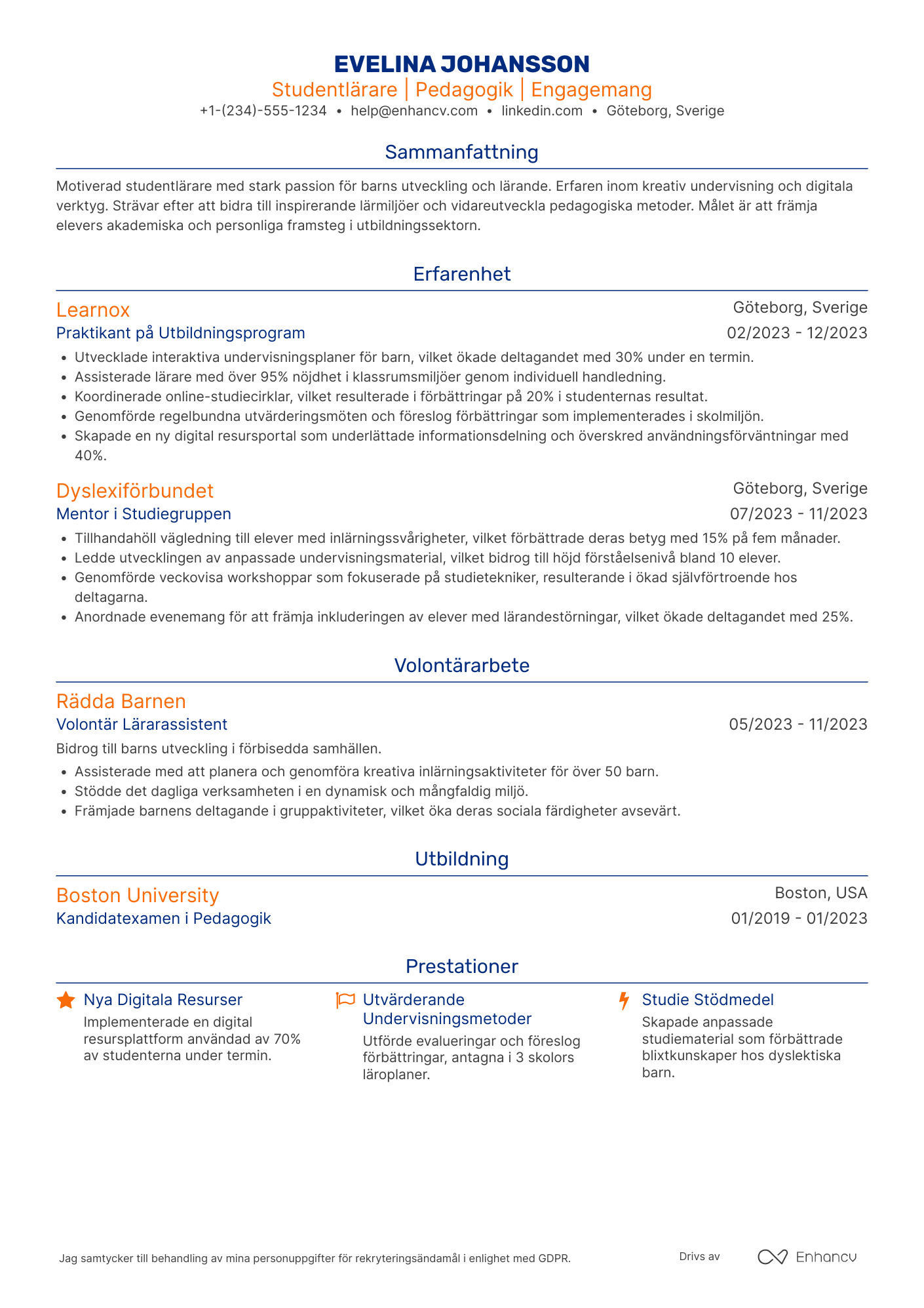 CV för Student Teacher Resume Example