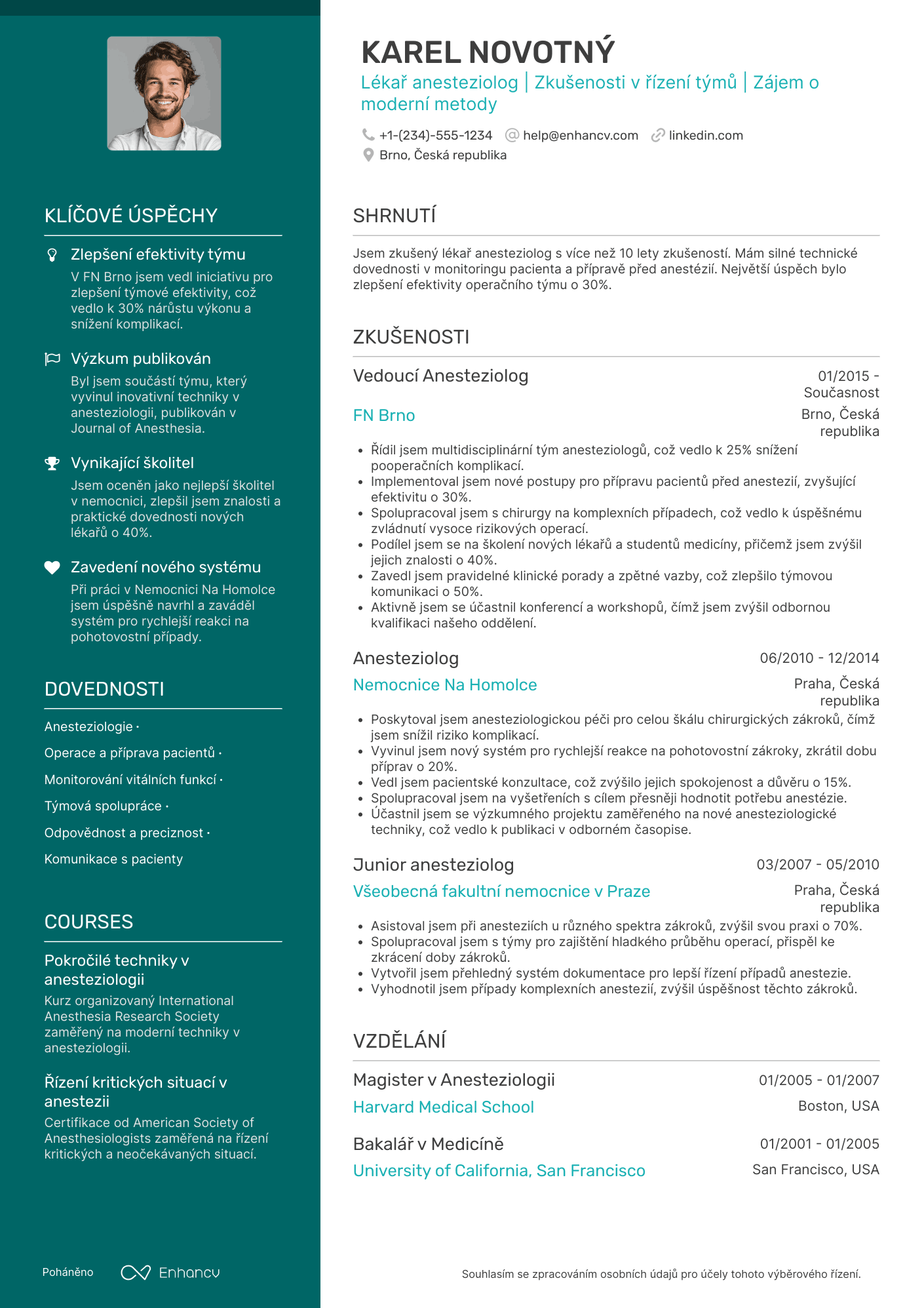 Životopis pro Lékař anesteziolog Resume Example