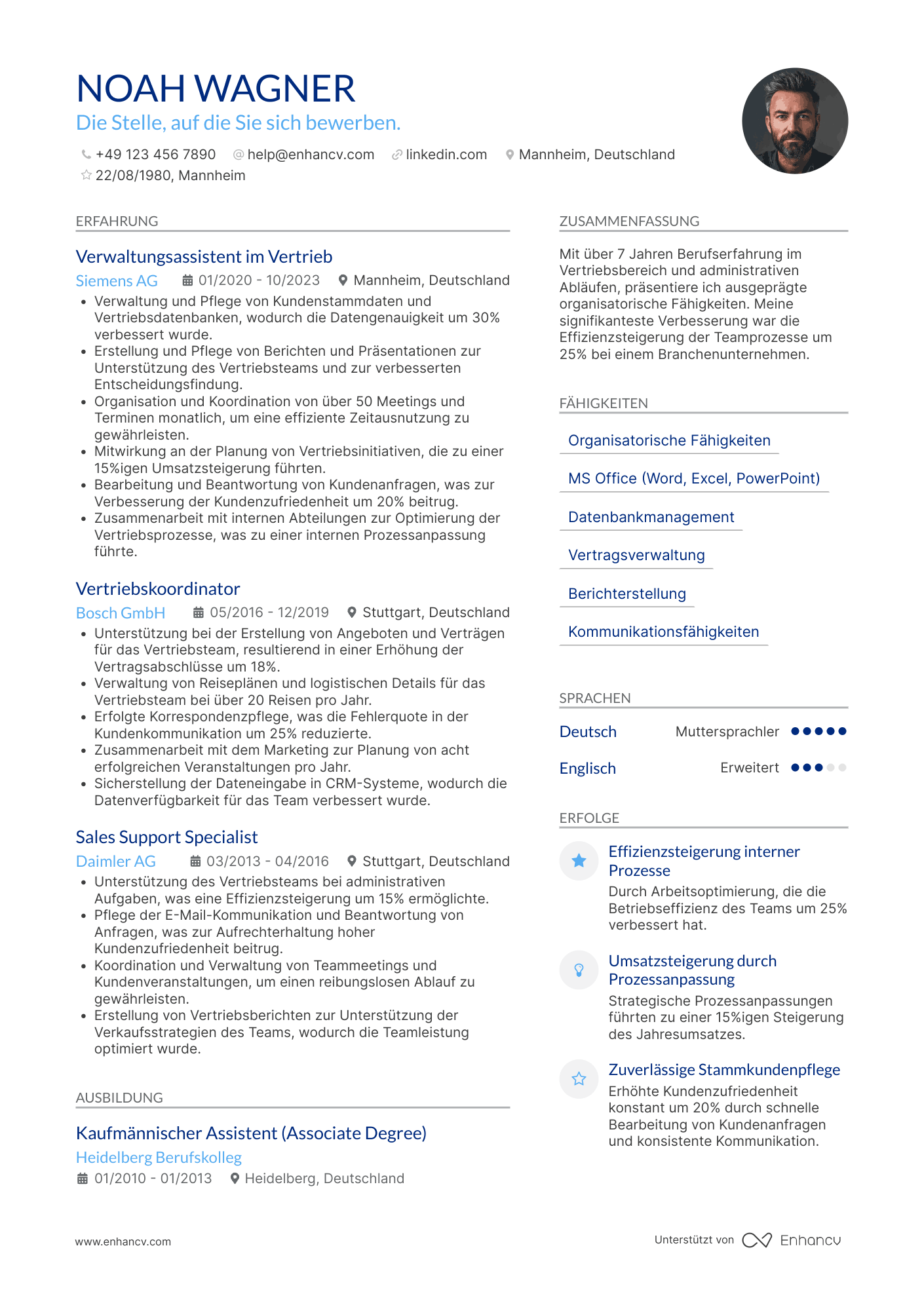 Lebenslauf als Verwaltungsassistent für Vertrieb Resume Example