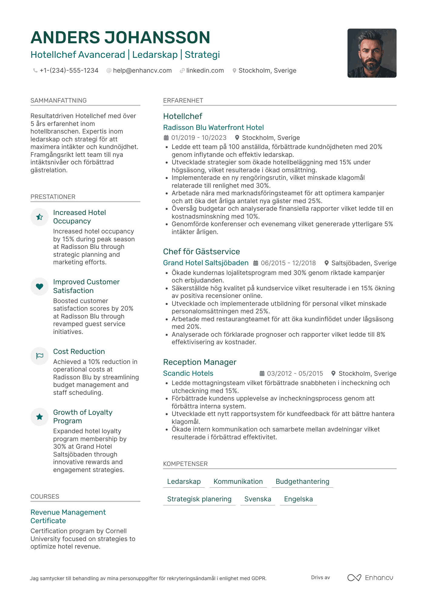 CV för Hotellchef avancerad Resume Example