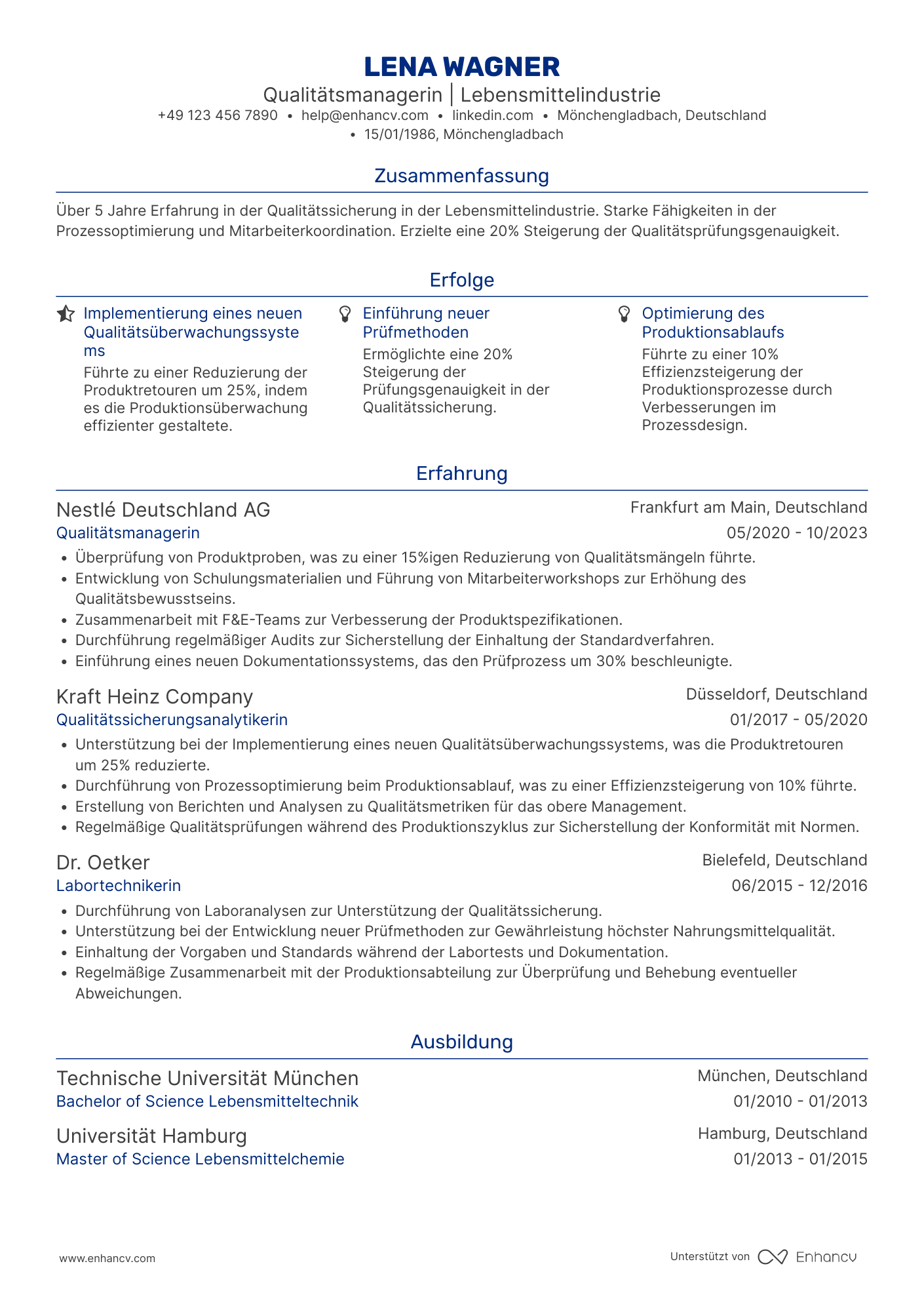 Lebenslauf in Qualitätskontrolleur in der Lebensmittelindustrie Resume Example