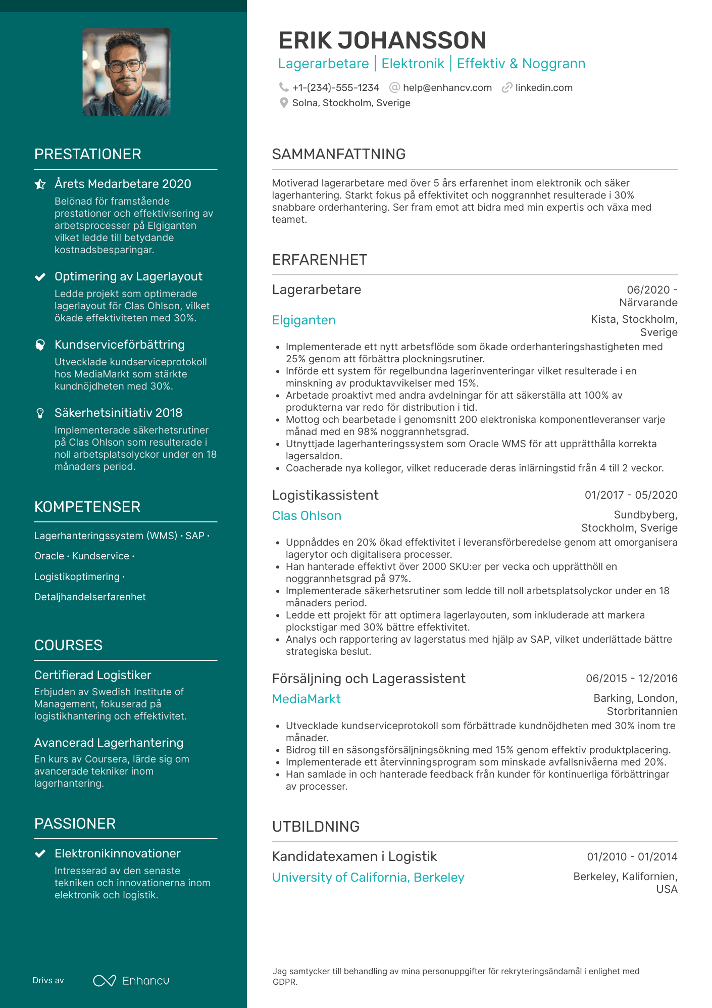 CV för Lagerarbetare elektronik Resume Example