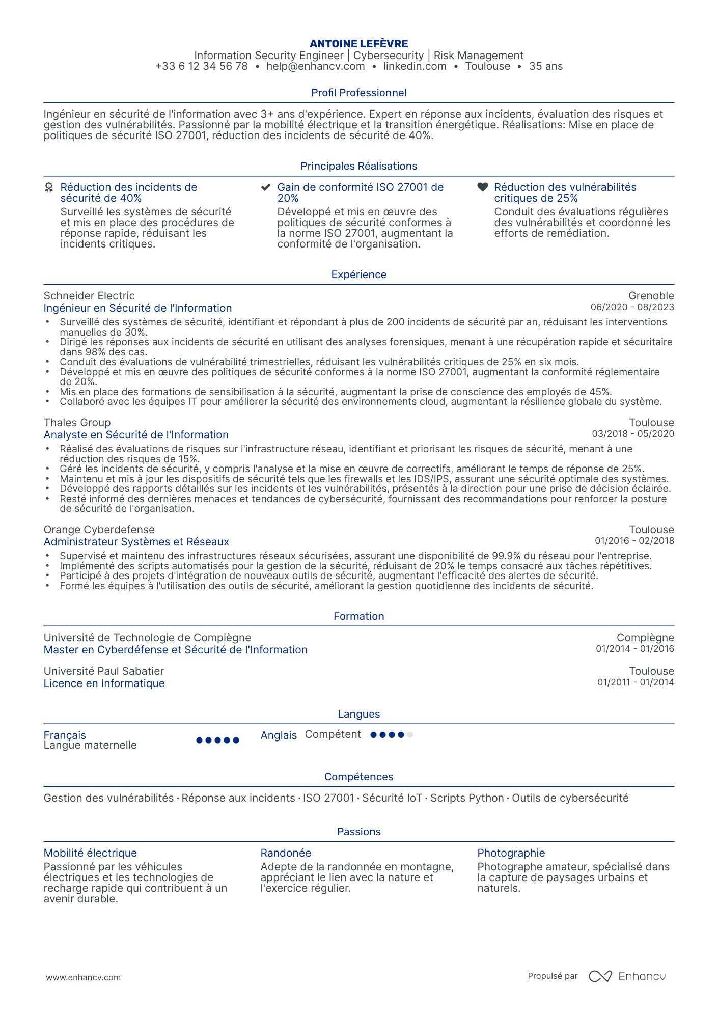 Ingénieur en Cybersécurité Resume Example