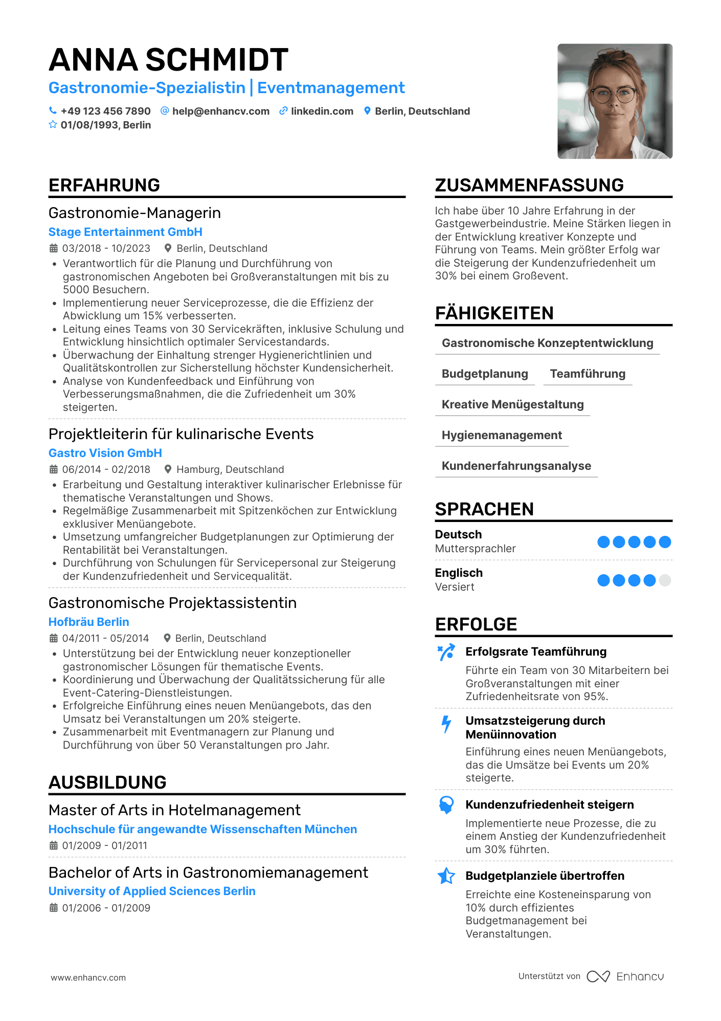 Lebenslauf in Gastronomie in der Unterhaltungsindustrie Resume Example