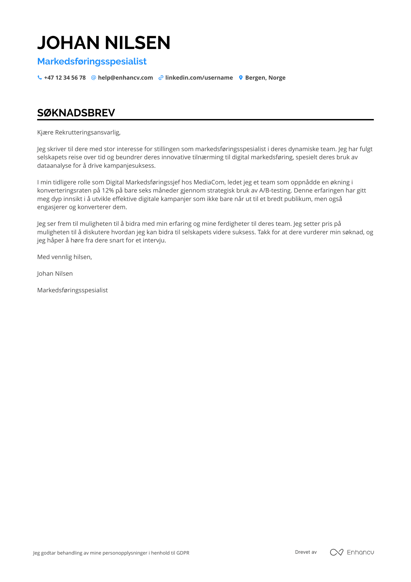 Søknadsbrev for Nyutdannede Markedsføringsspesialist Resume Example