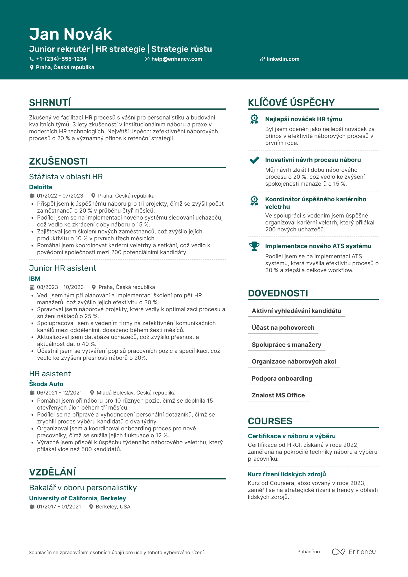 Životopis pro Junior rekrutér Resume Example
