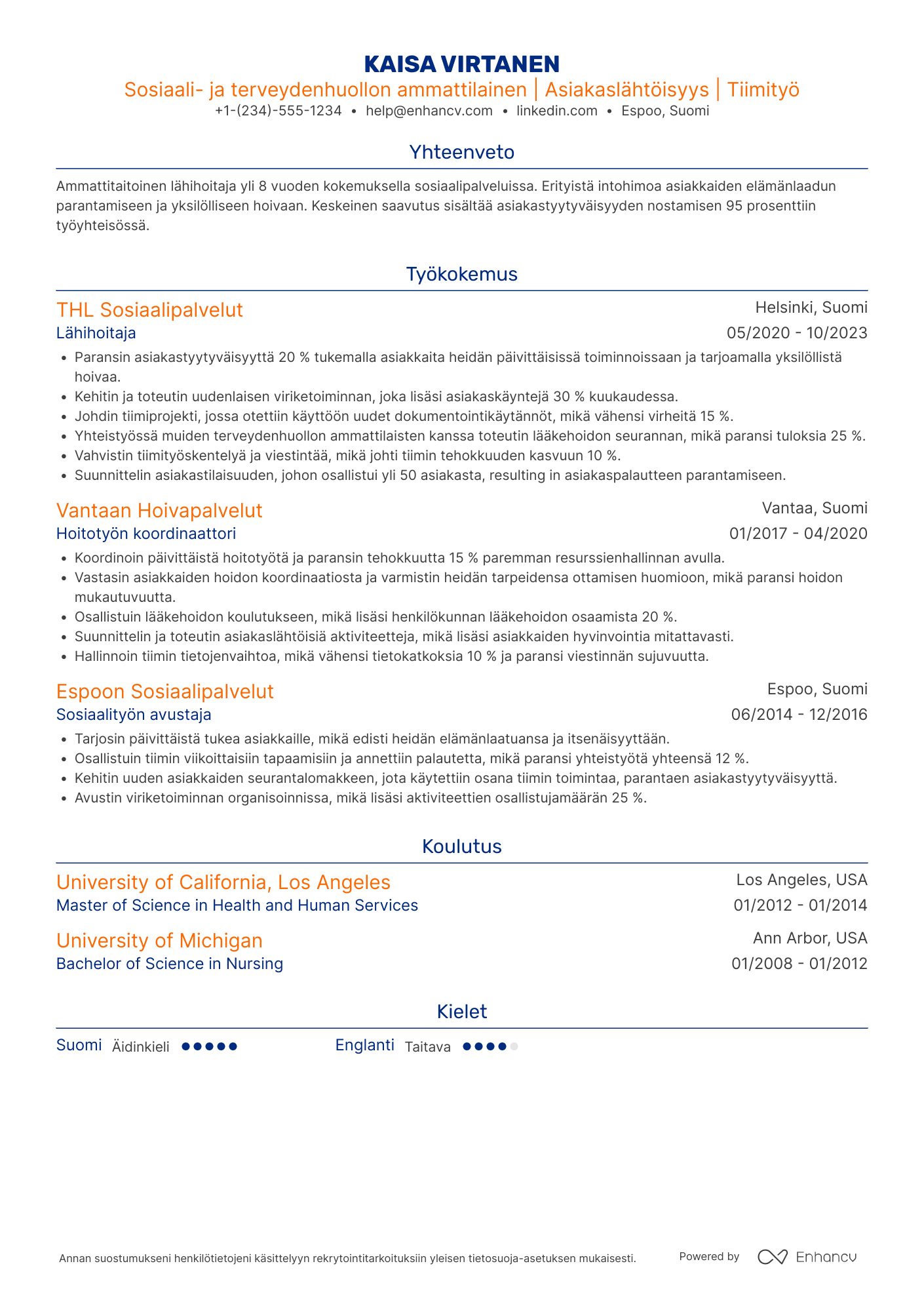 Ansioluettelo Lähihoitaja sosiaalipalveluissa Resume Example